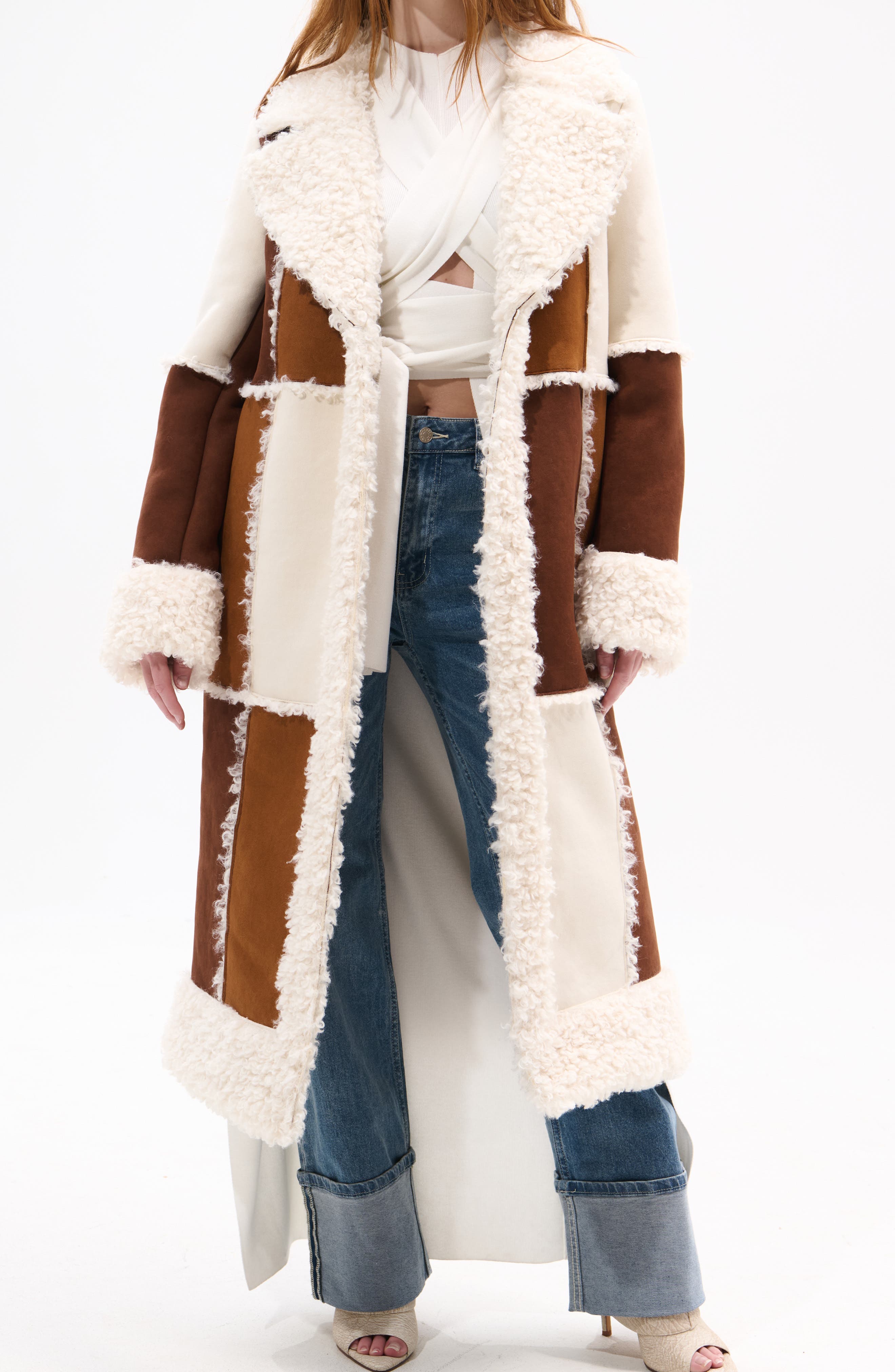 Telluride Longline Patchwork Coat with Faux Fur Collar - image 1