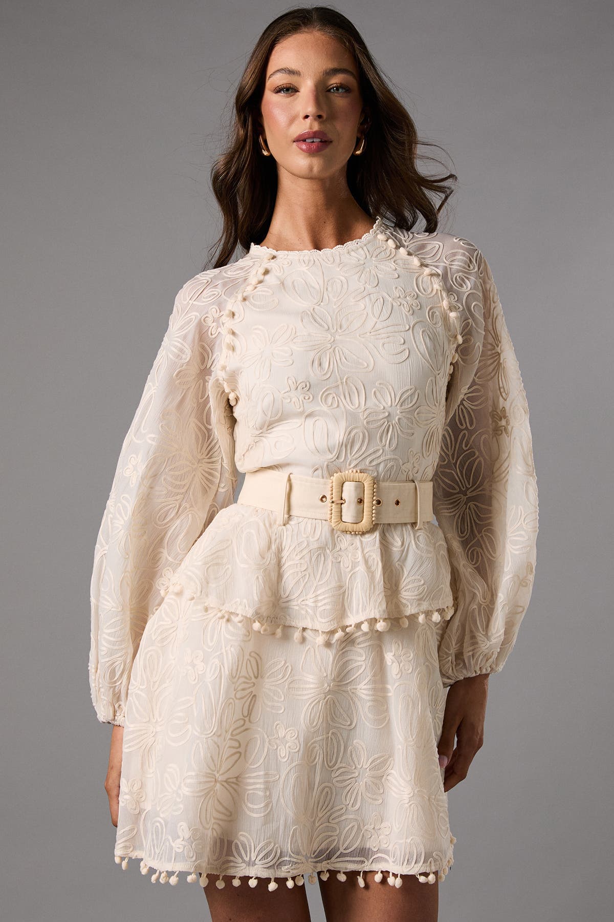 Long Sleeve Tiered Skirt Belted Dress - image 2