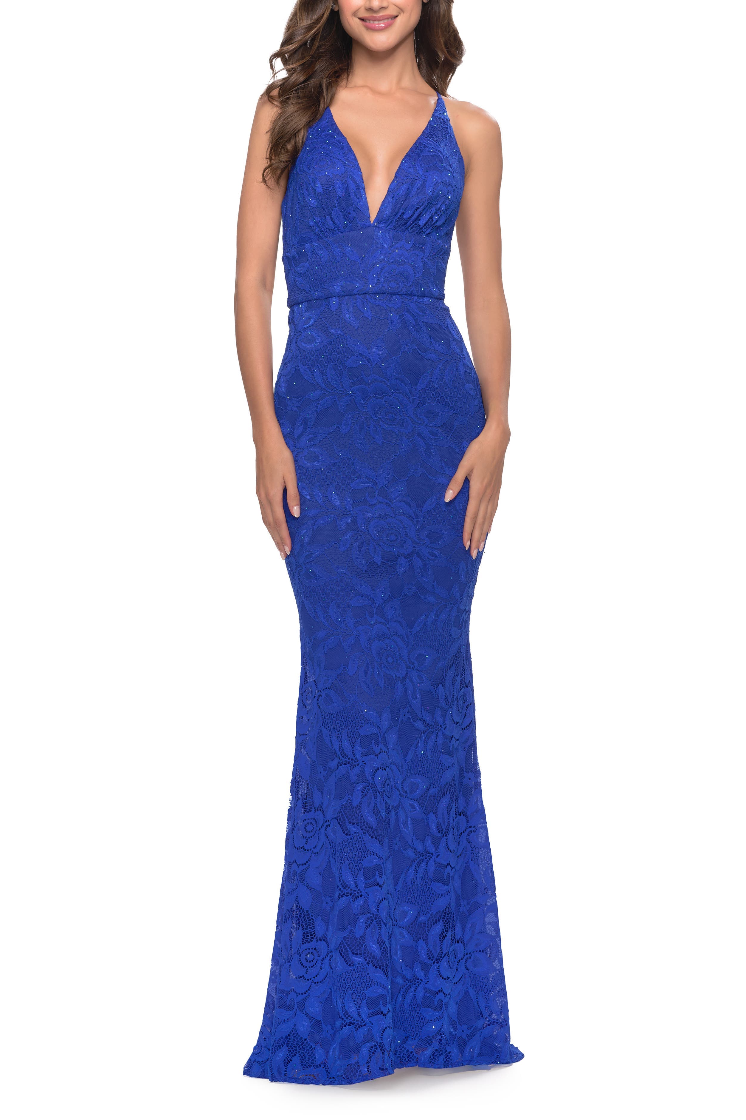 Fitted Stretch Lace Prom Dress with Banded Waist - image 1