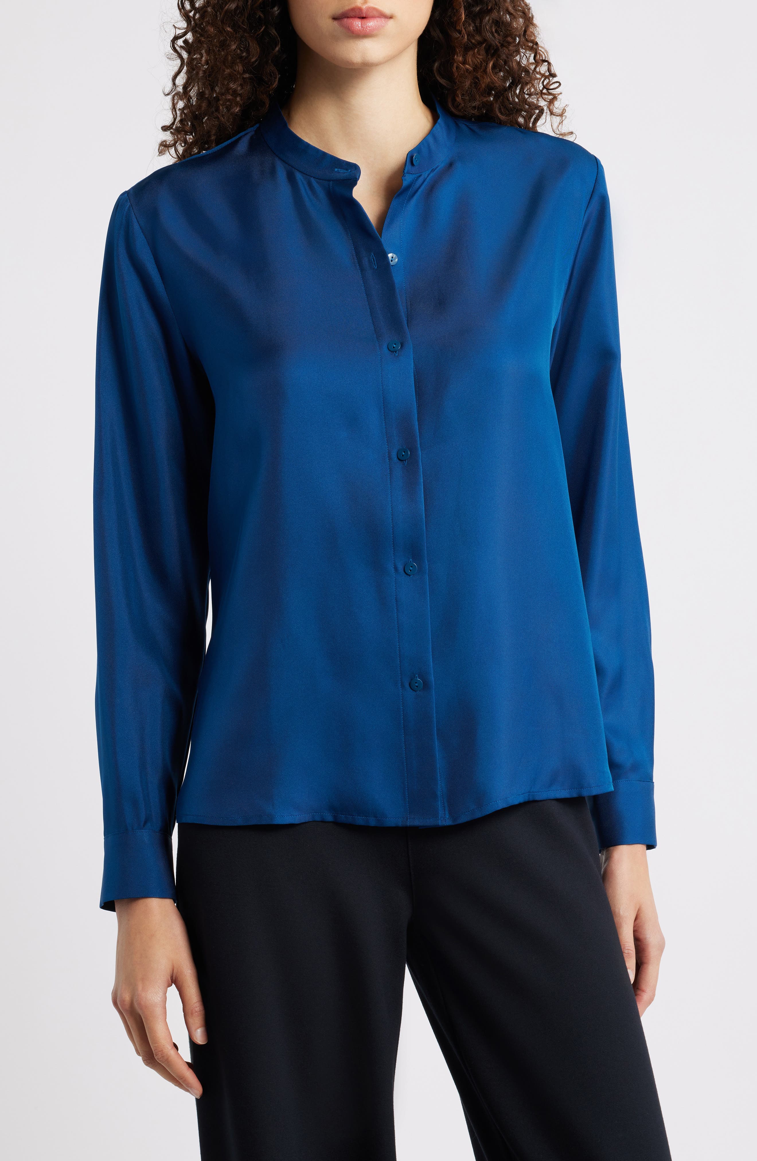 Mandarin Collar Silk Button-Up Shirt - image 1