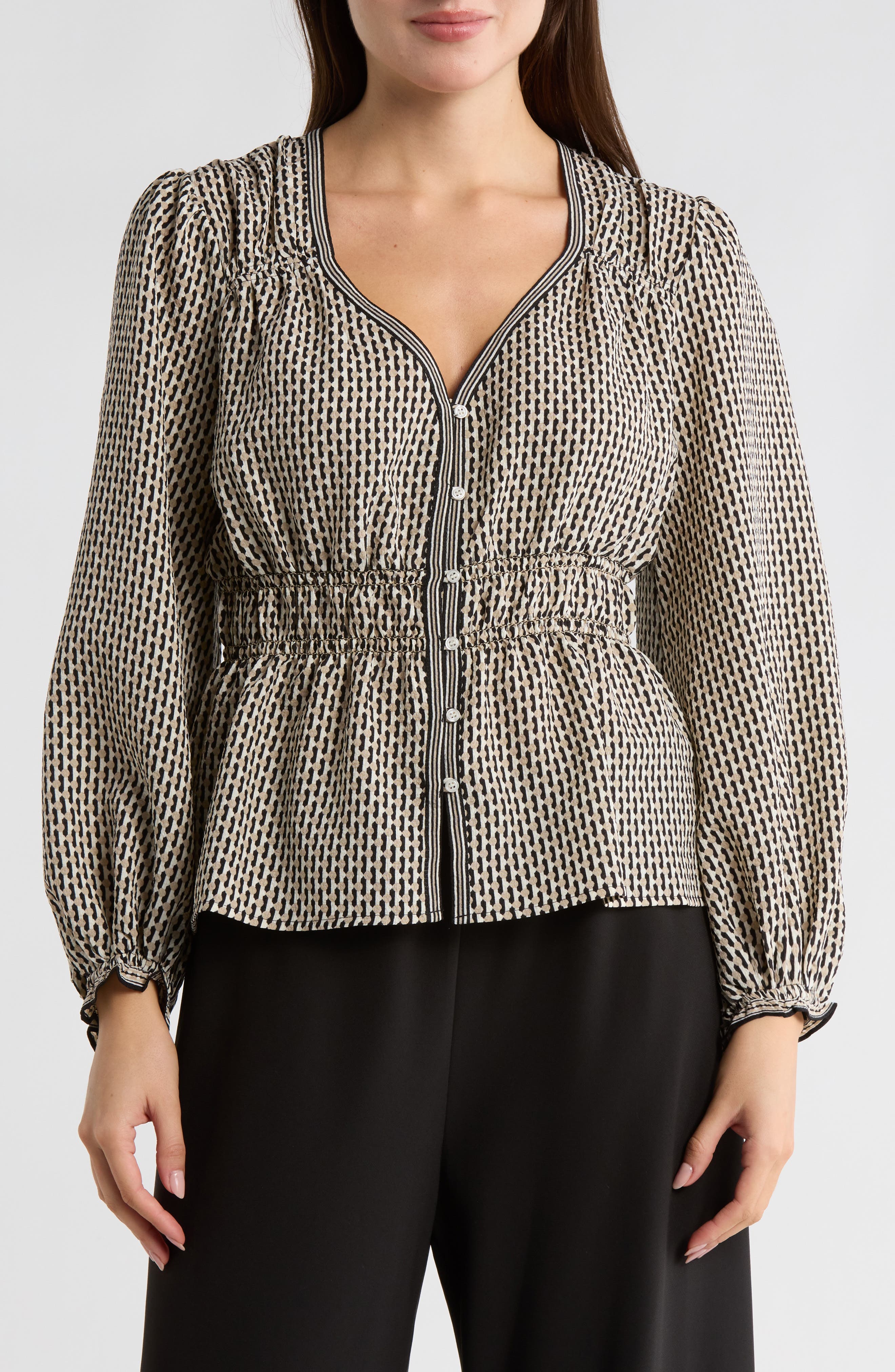 Balloon Sleeve Button-Up Peplum Top - image 1