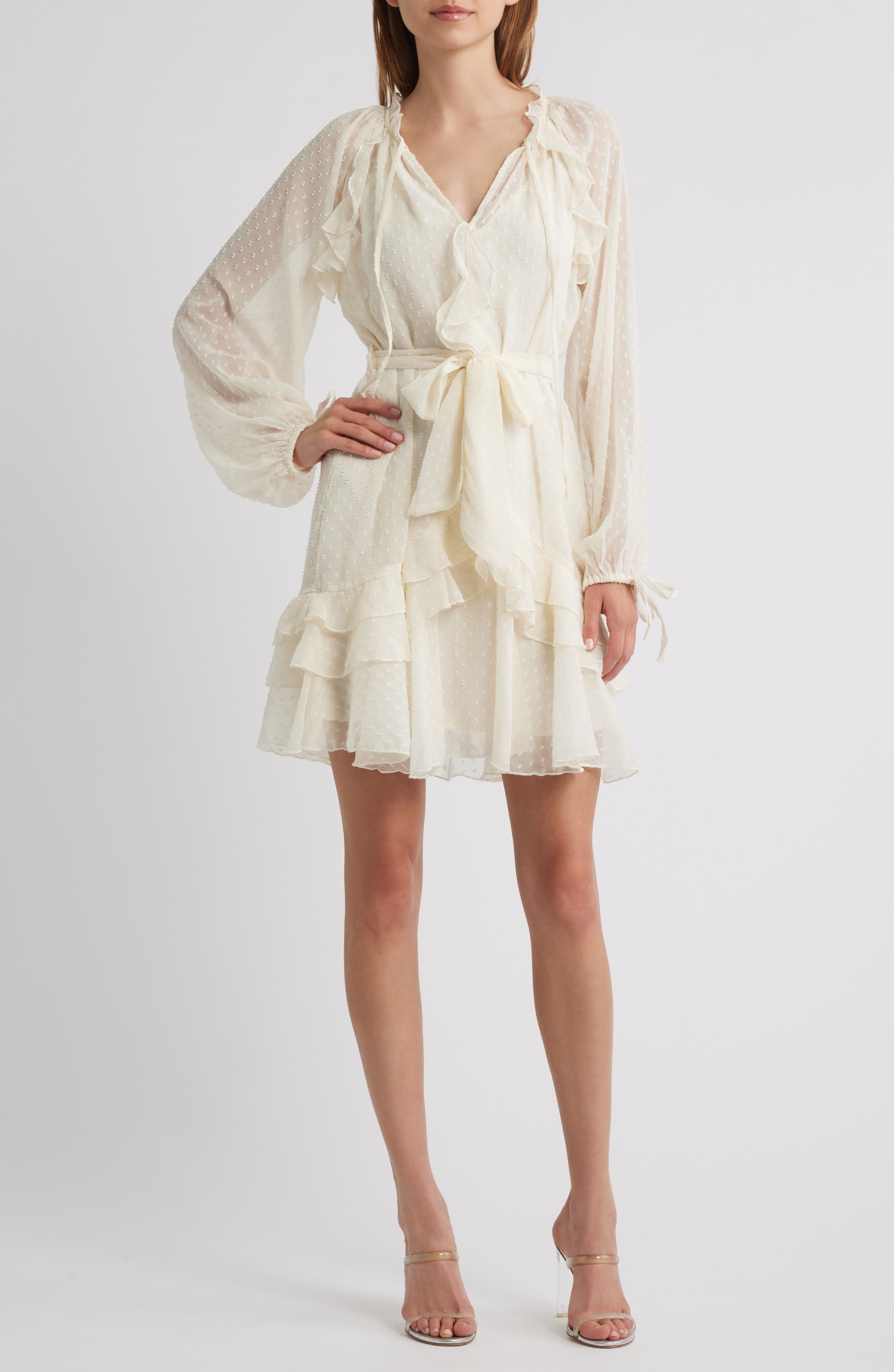 Dotty Ruffle Tie Waist Long Sleeve Dress - image 1
