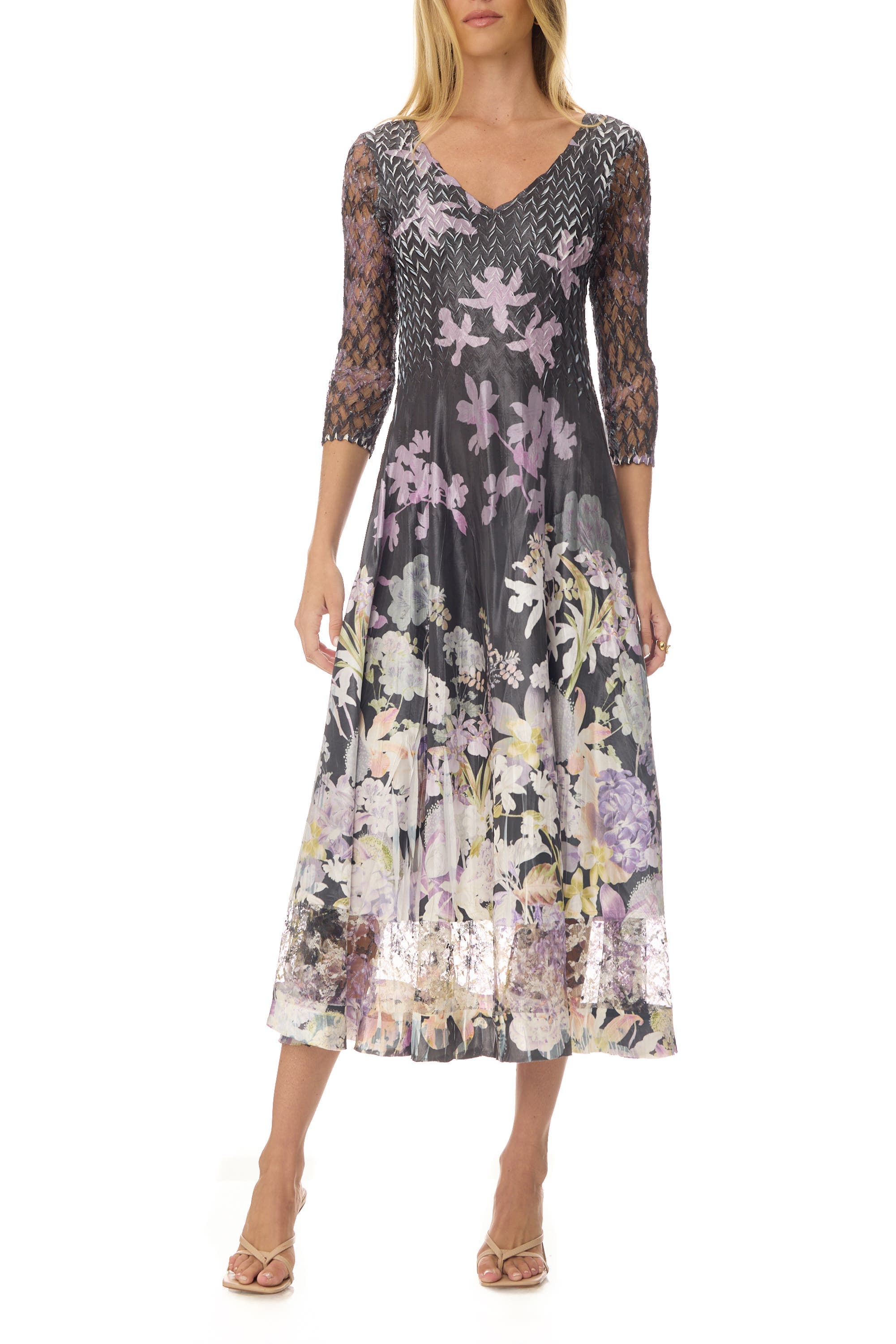 Floral Border Charmuese Dress with Lace Sleeves - image 1