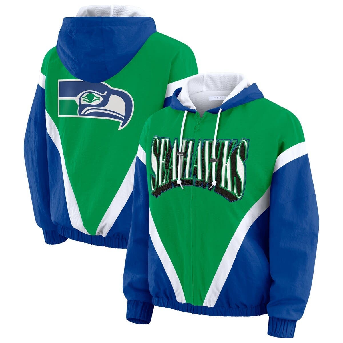 Women's WEAR by Erin Andrews Green/Royal Seattle Seahawks Retro Crinkle Full-Zip Hoodie Windbreaker - image 1