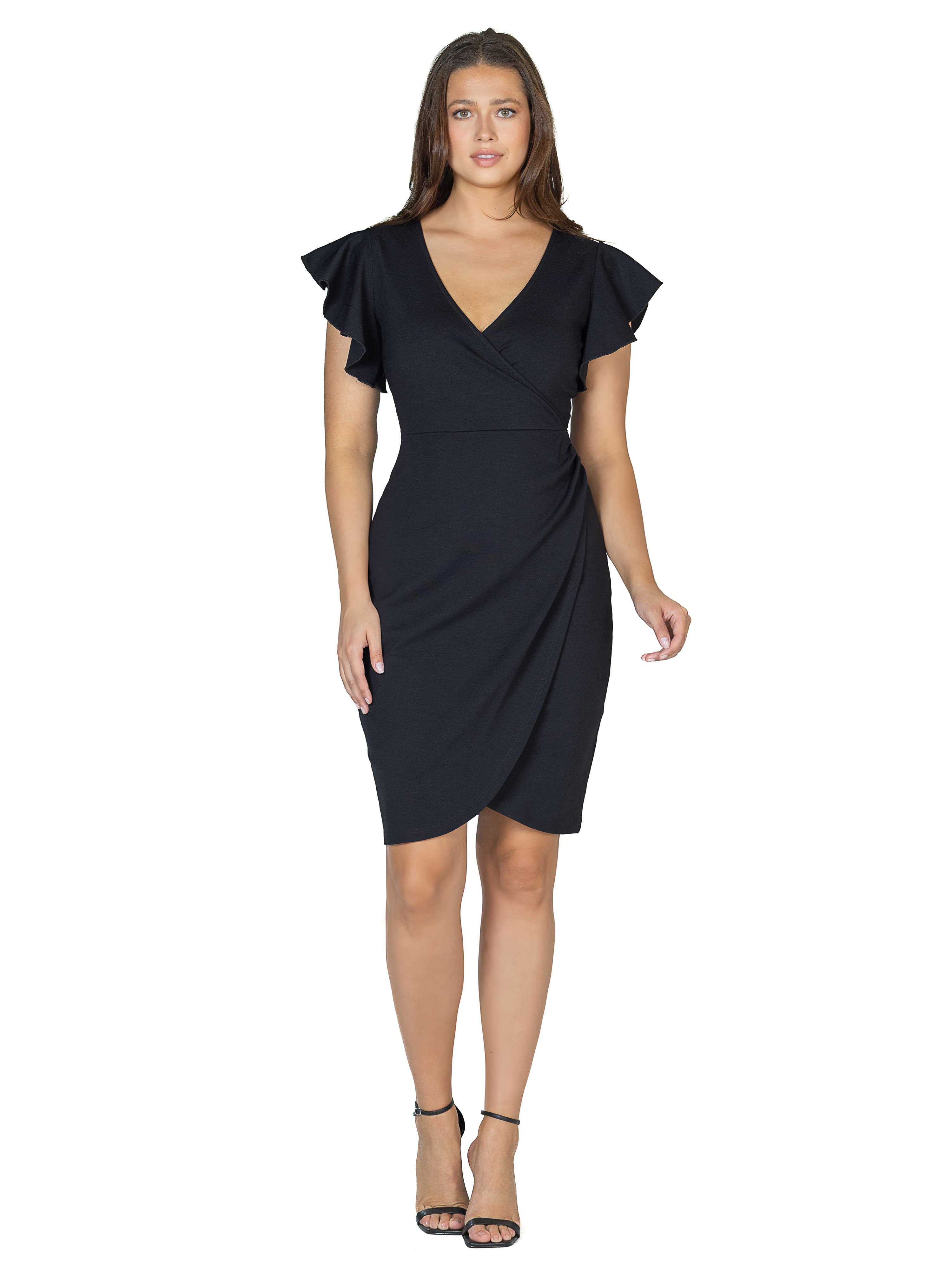 Petite V Neck Ruffle Sleeve Knee Length Dress - image 1