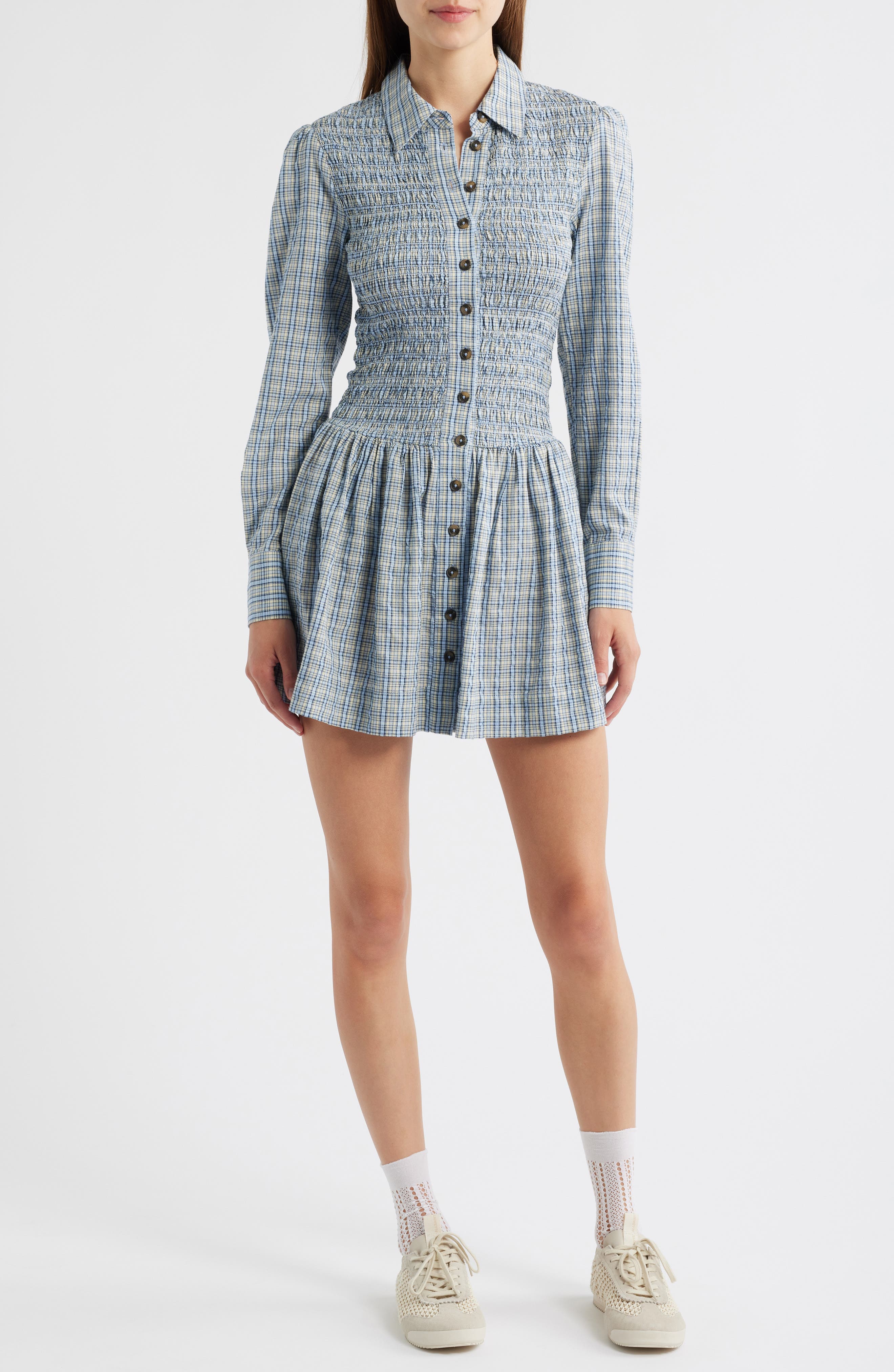 Bora Smocked Bodice Long Sleeve Organic Cotton Seersucker Minidress - image 1