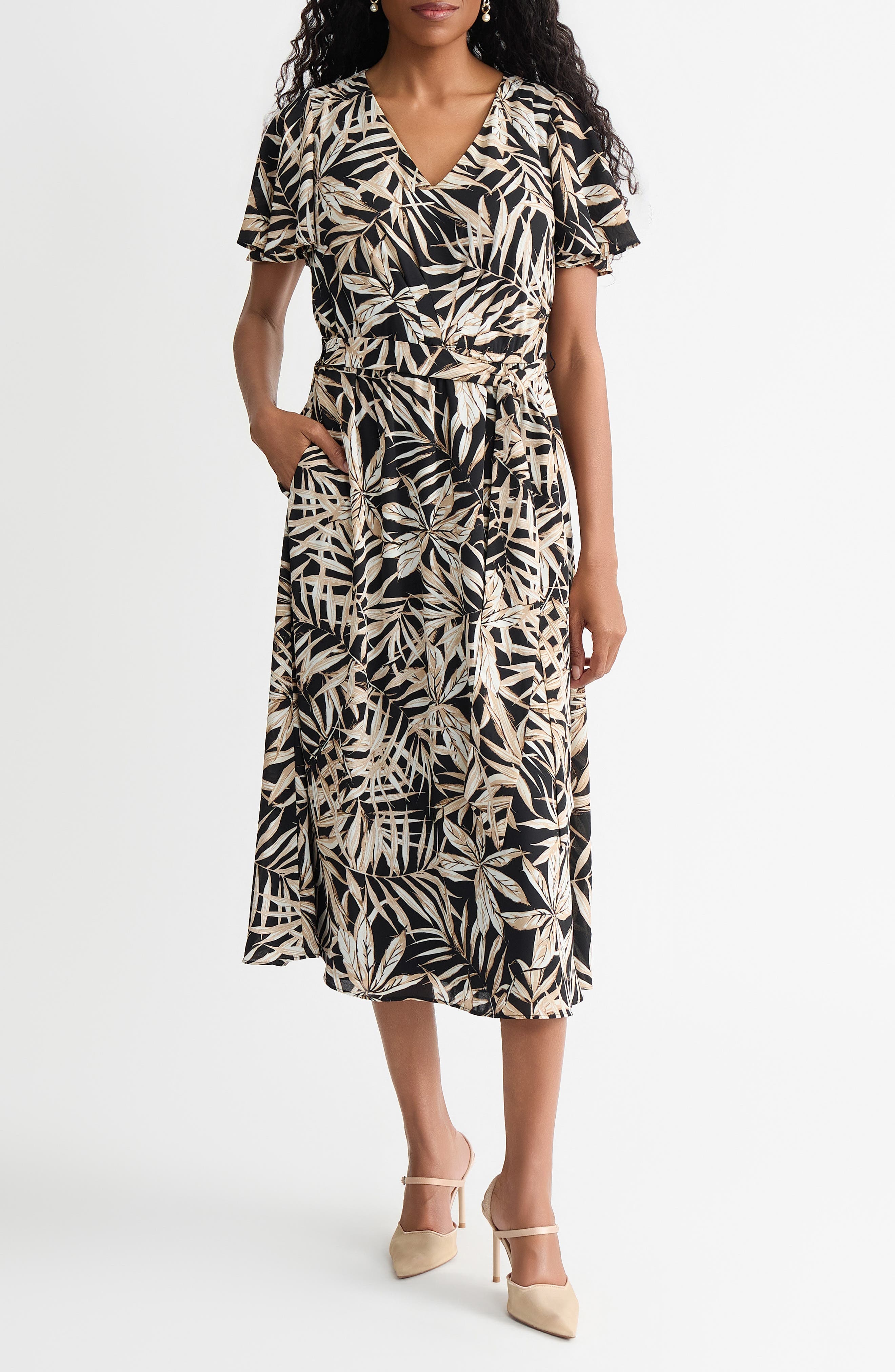 Print Flutter Sleeve Midi Dress - image 1