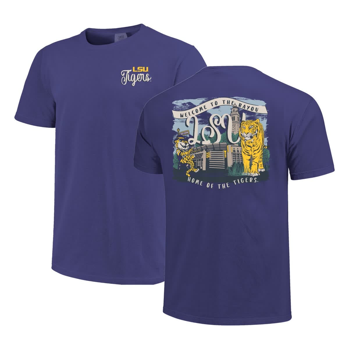 Women's Purple LSU Tigers Comfort Colors Campus Scene Drawing Script T-Shirt - image 1