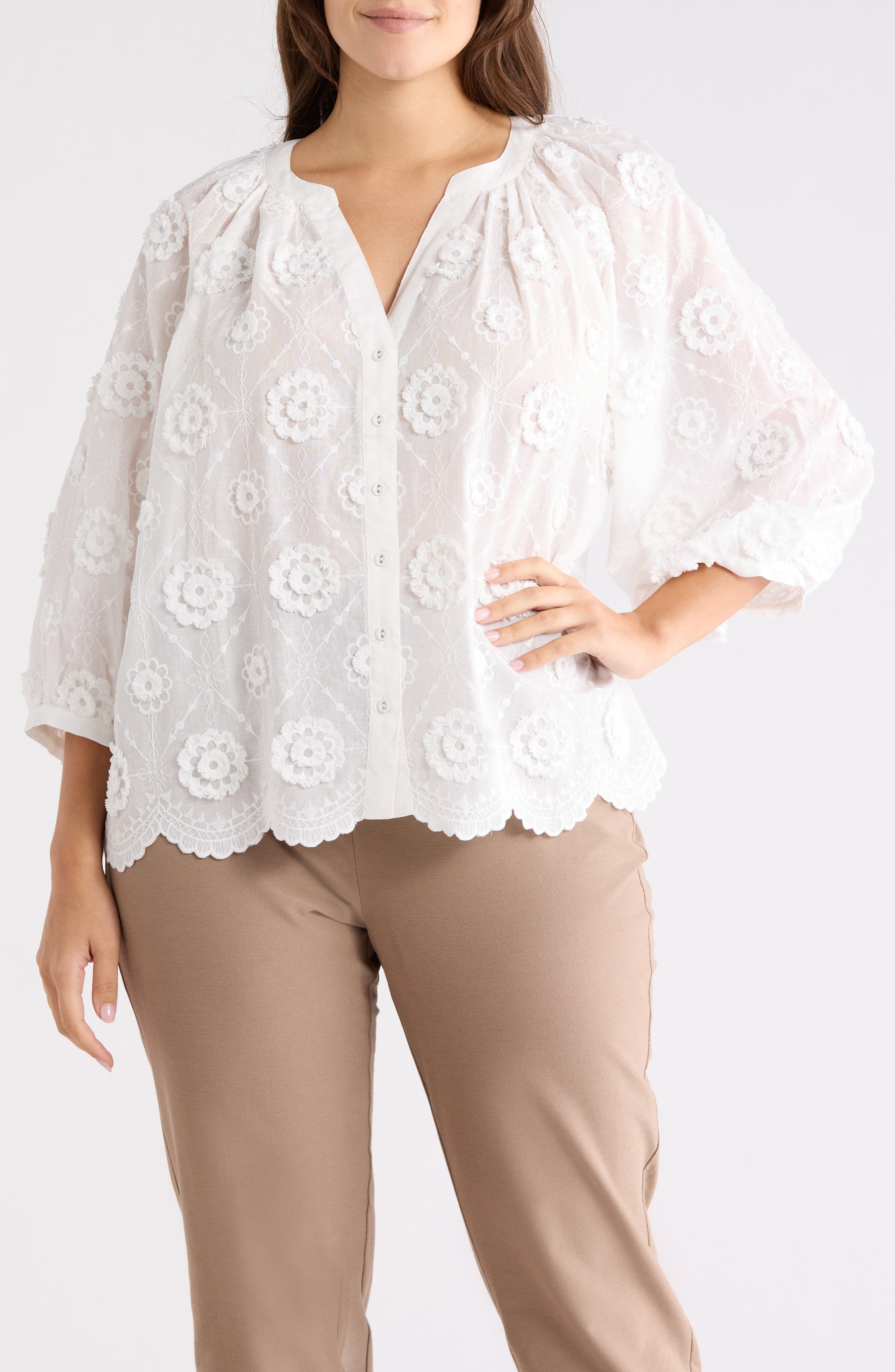 Floral Elbow Sleeve Cotton Button-Up Top - image 1