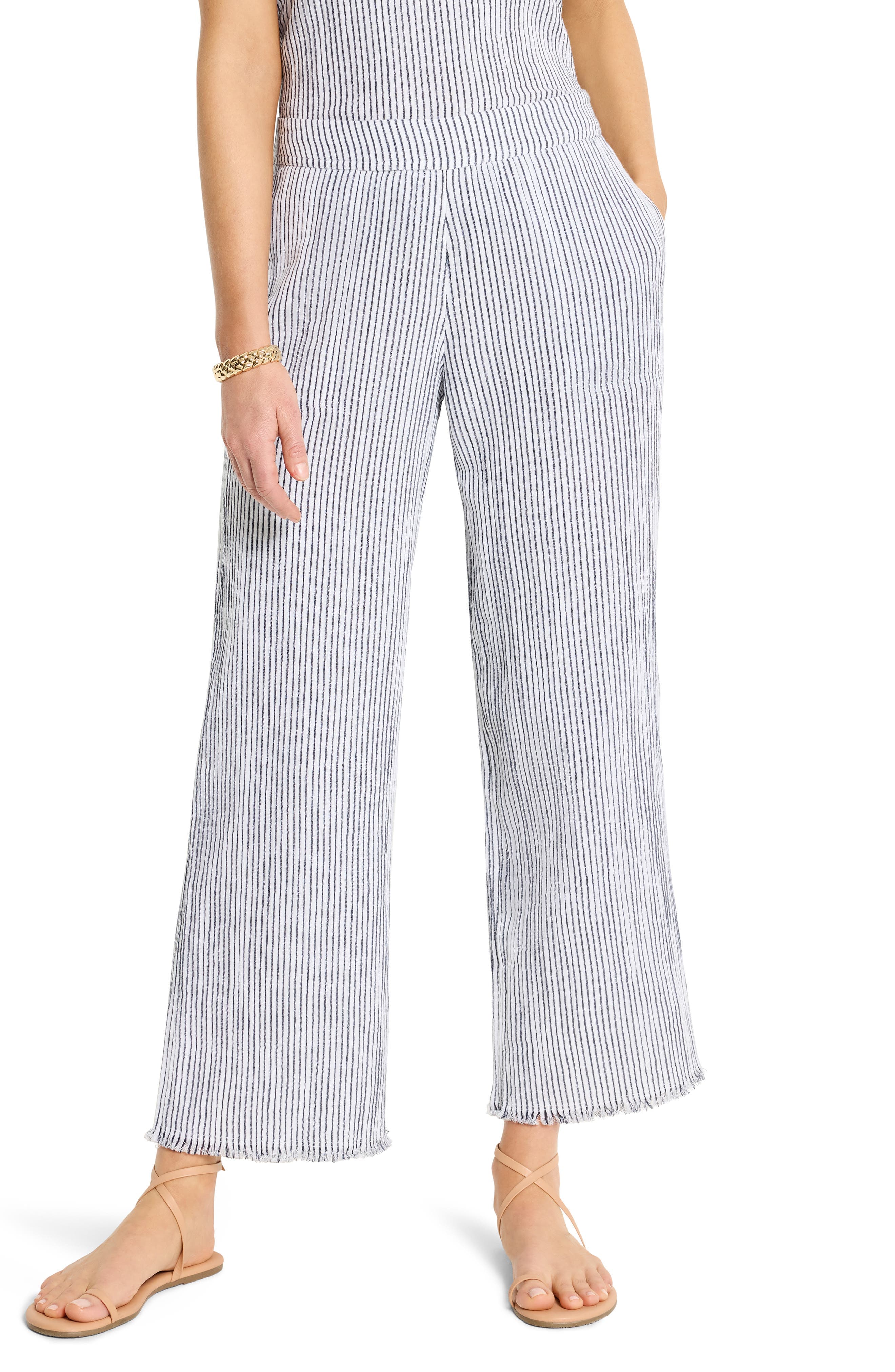 Pinstripe Cotton Blend Gauze Ankle Wide Leg Pants - image 1