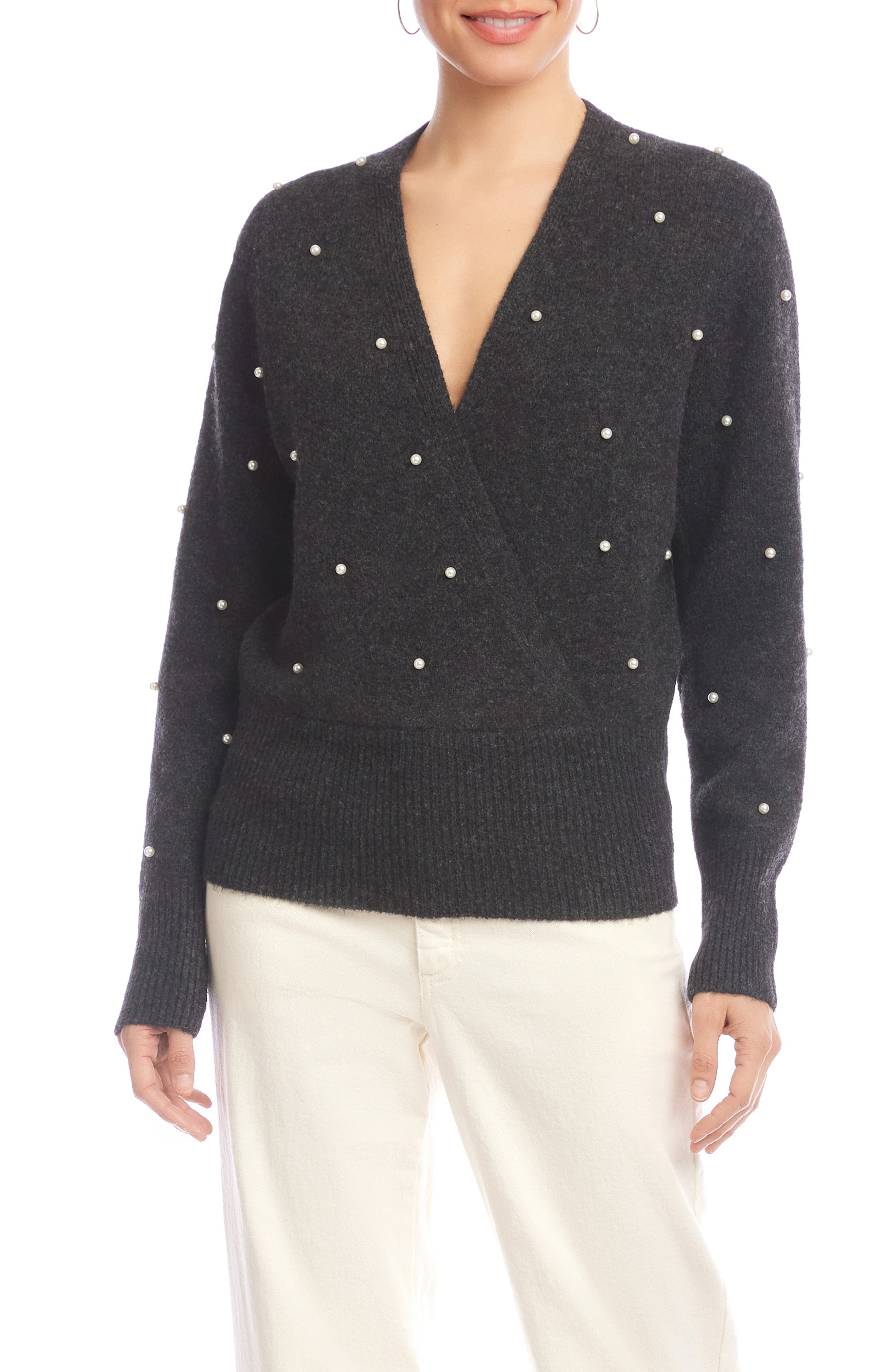 Faux Pearl Embellished Wrap Sweater - image 1