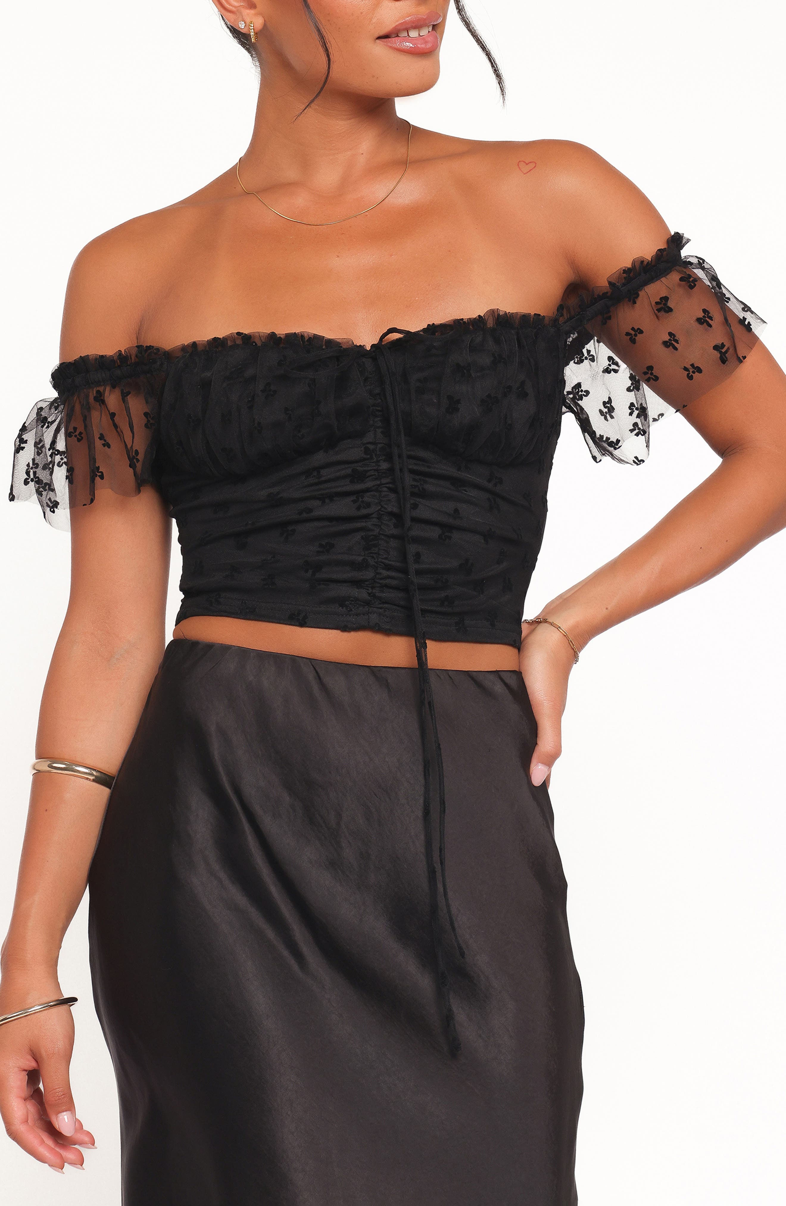 Aster Off the Shoulder Mesh Crop Top - image 1