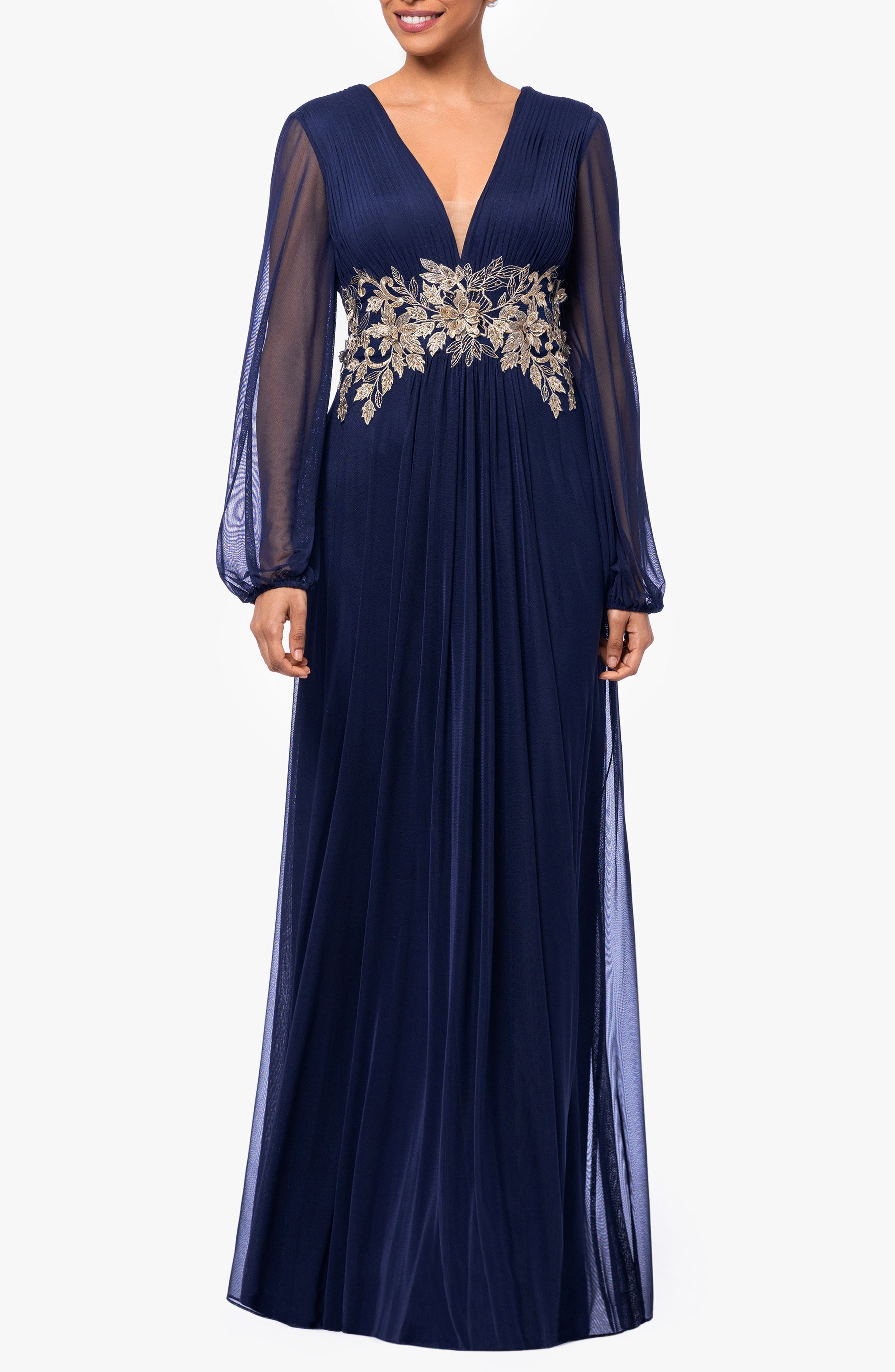Metallic Floral Applique Long Sleeve Gown - image 1