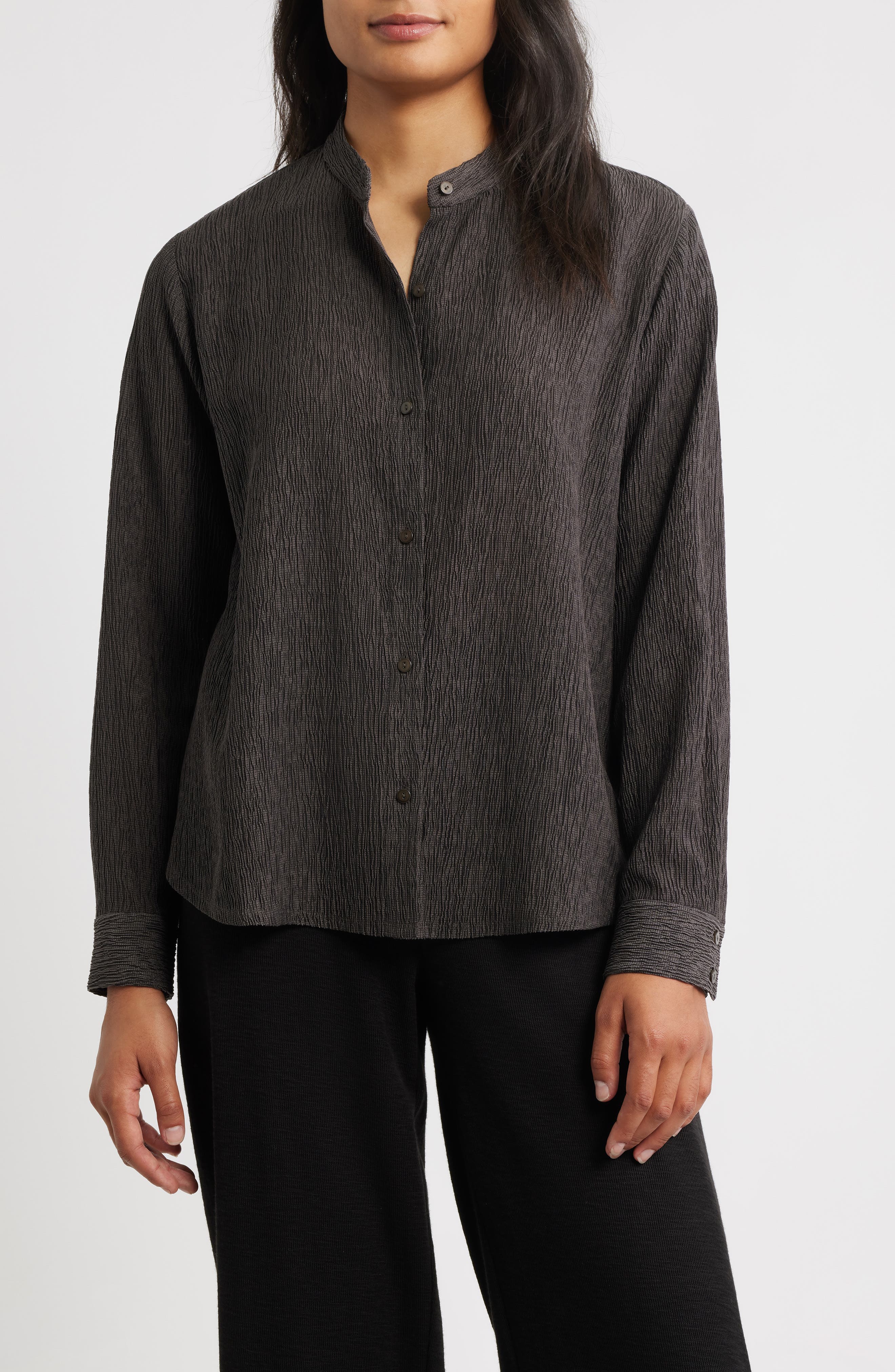 Crinkled Mandarin Collar Button-Up Shirt - image 1