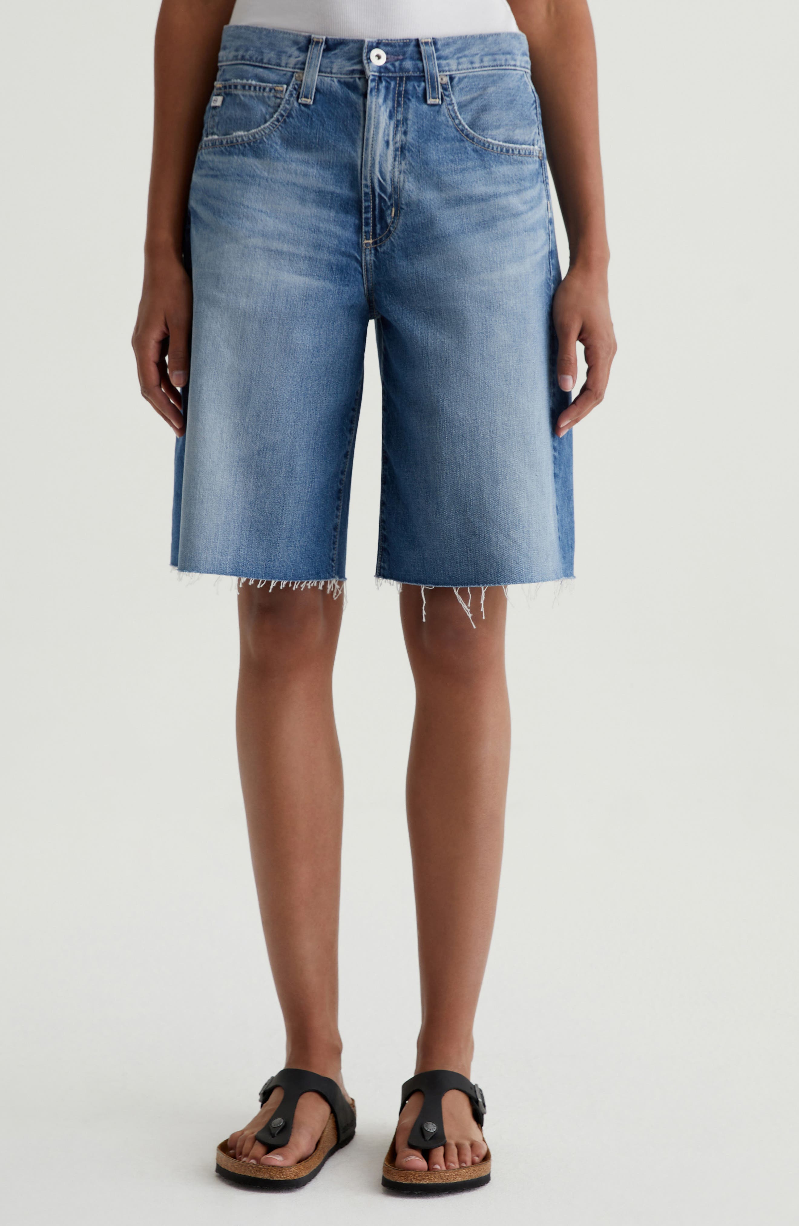 Hattie Raw Hem High Waist Long Denim Barrel Shorts - image 1