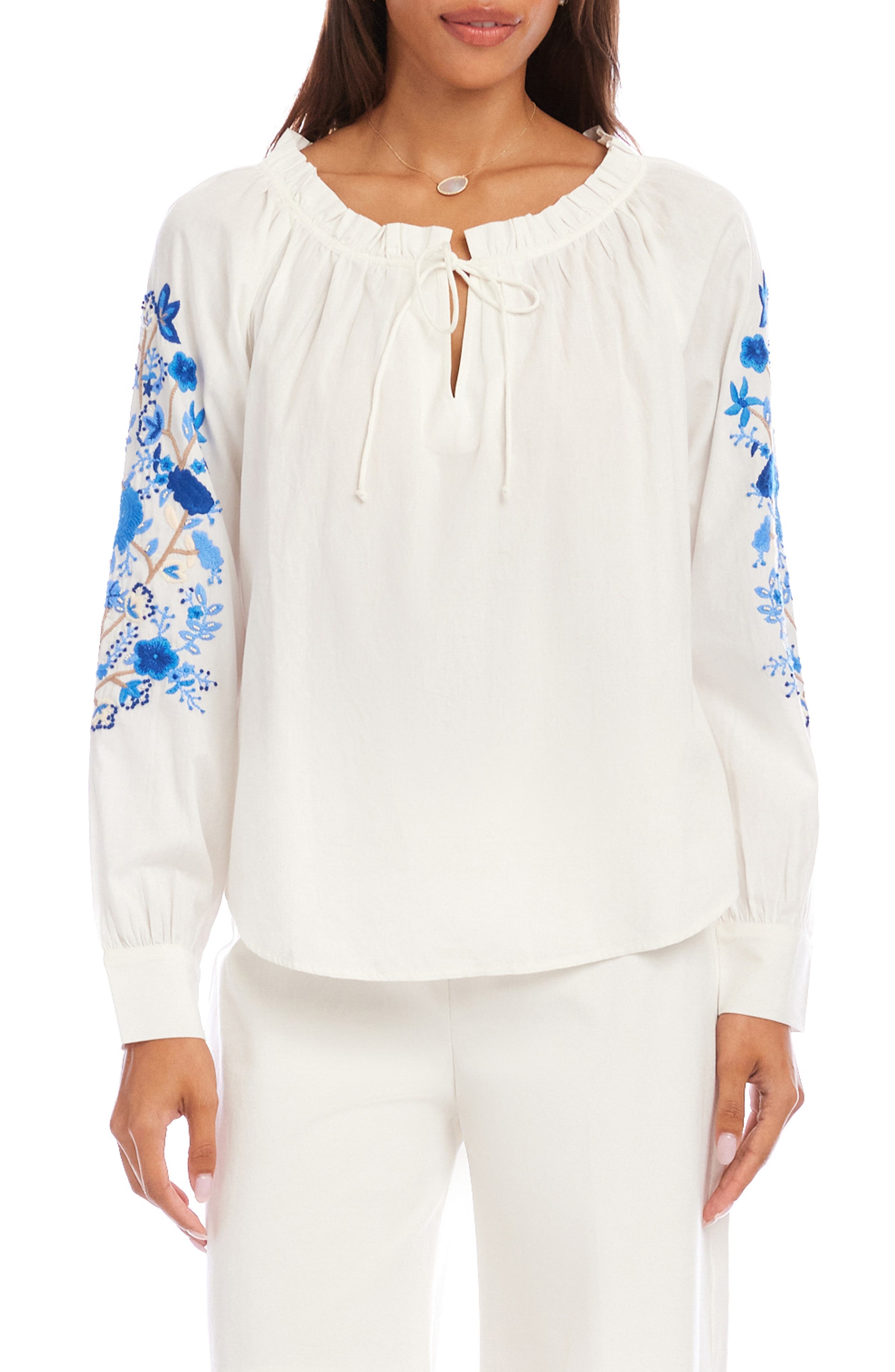 Floral Embroidered Cotton Peasant Top - image 1