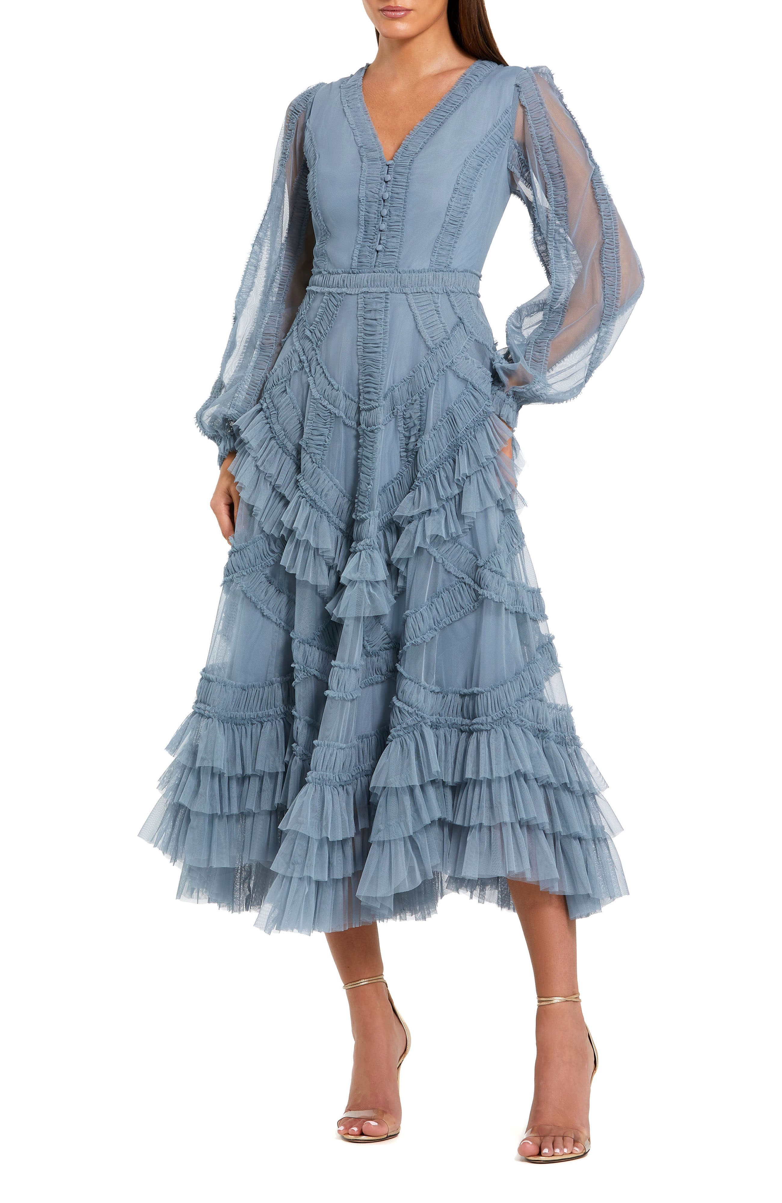 Long Sleeve V Neck Mesh Micro Ruffle Midi Dress - image 1