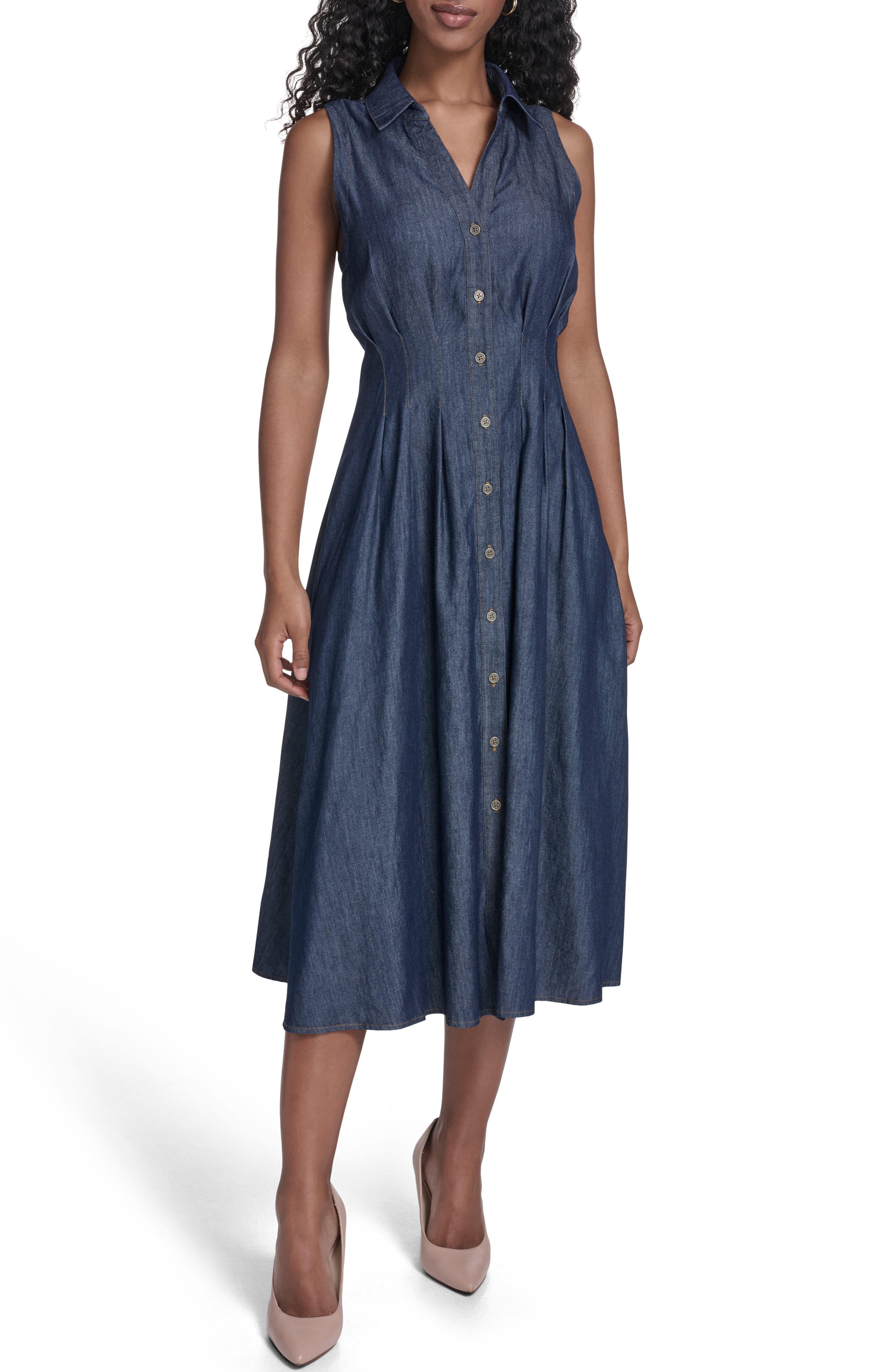 Sleeveless Cotton Blend Chambray Shirtdress - image 1