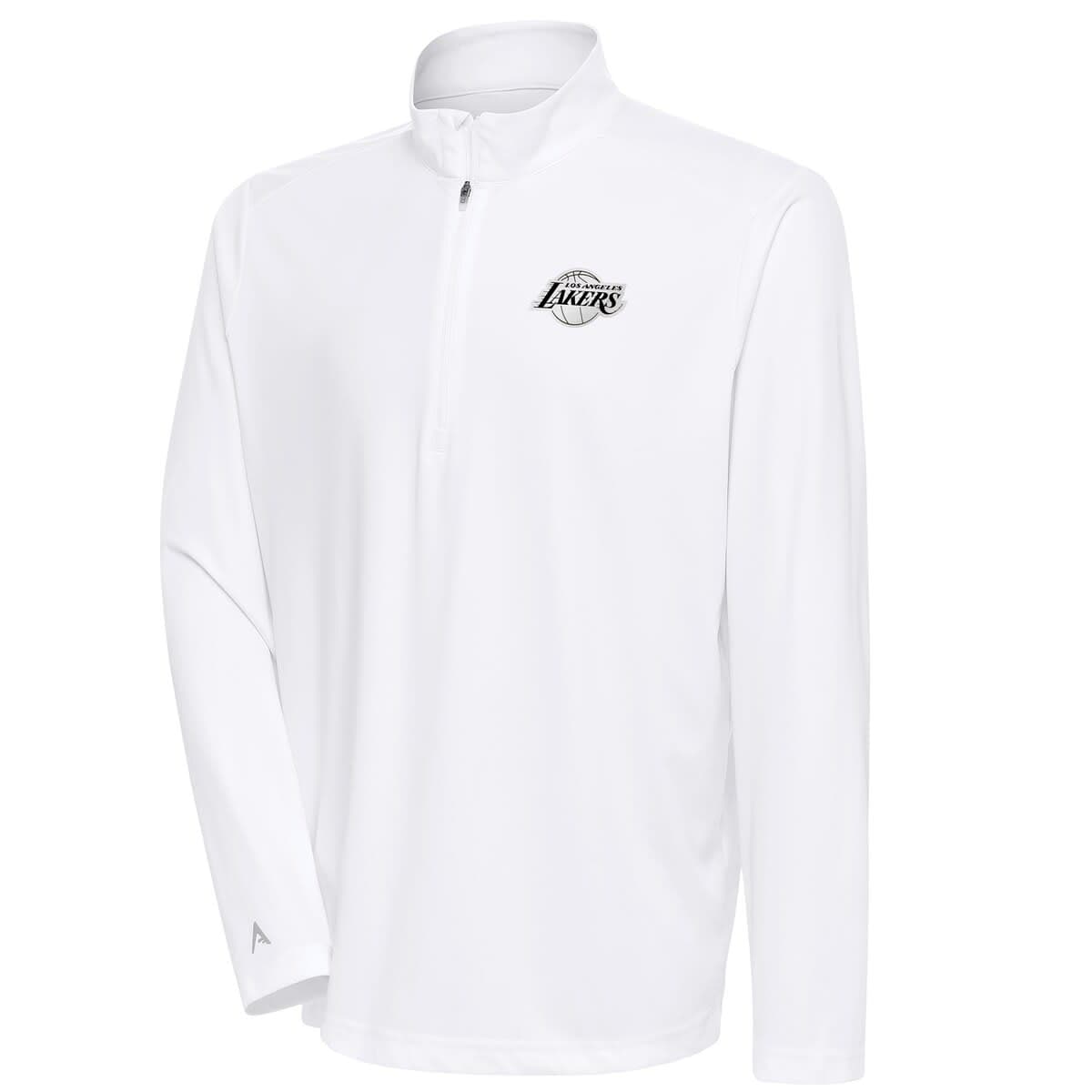 Men's Antigua White Los Angeles Lakers Metallic Logo Tribute Quarter-Zip Top