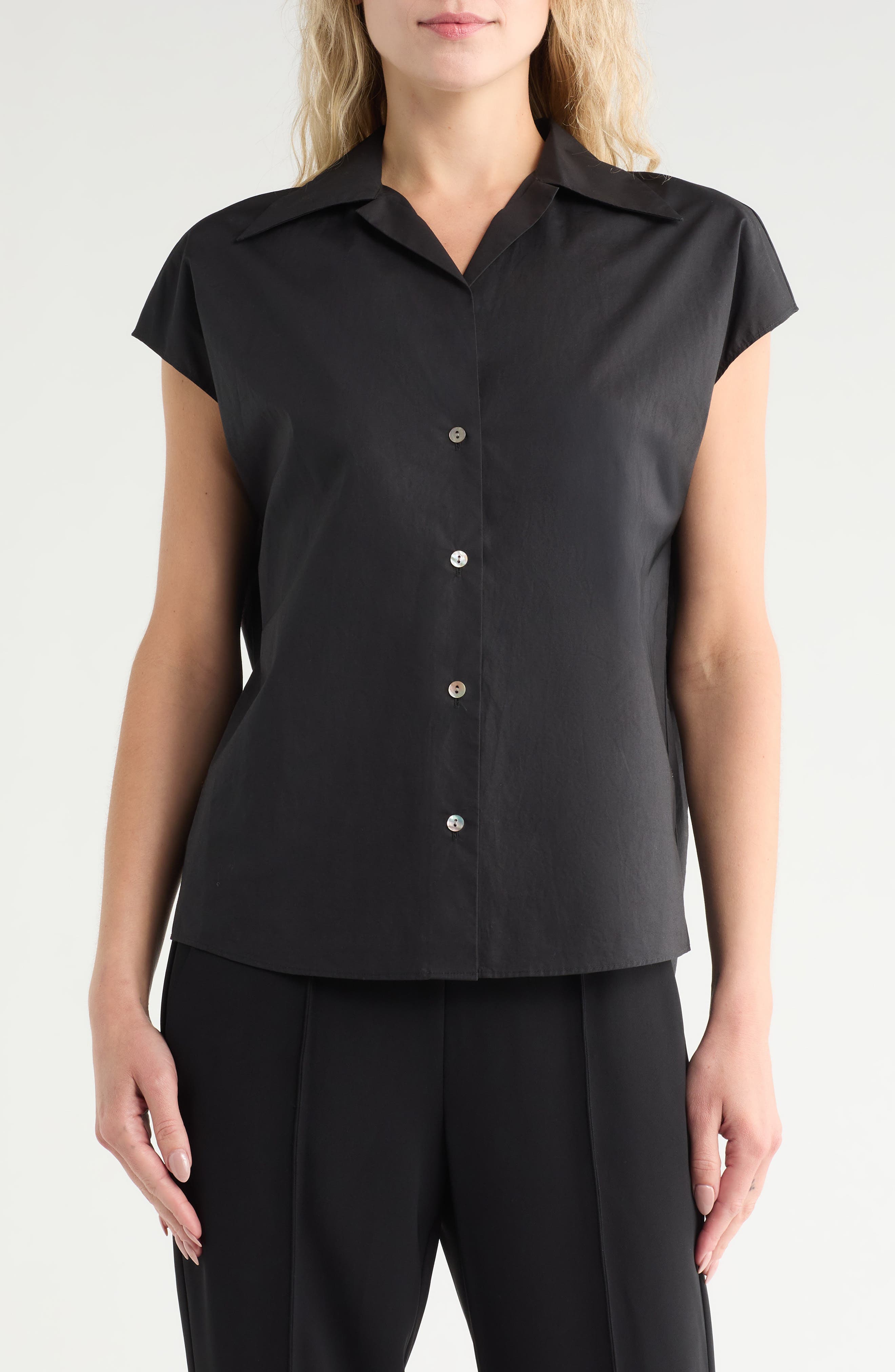 Cap Sleeve Cotton Button-Up Shirt - image 1