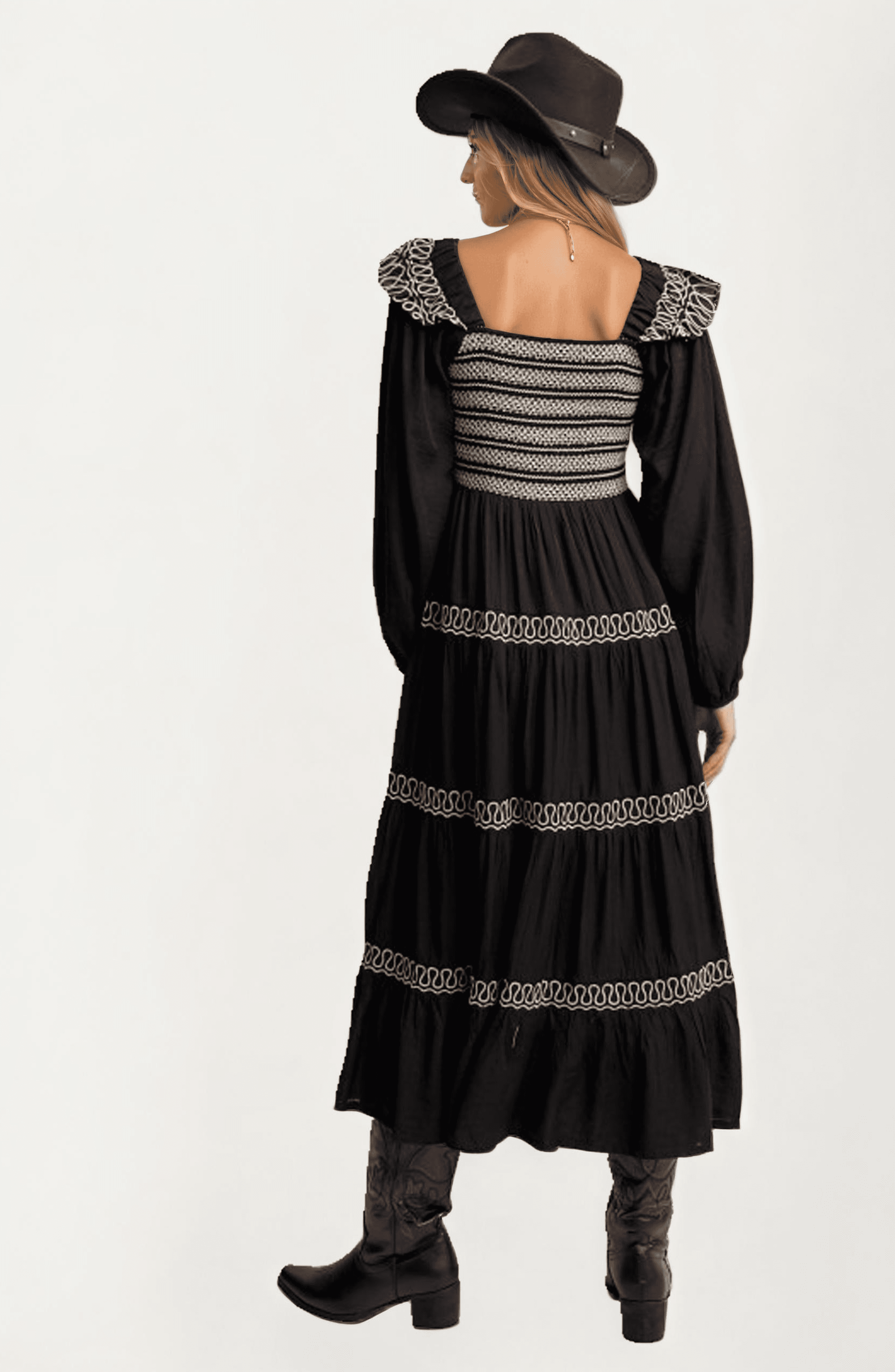 Smocked Bodice Tiered Maxi Dress with Embroidered Trim - image 2