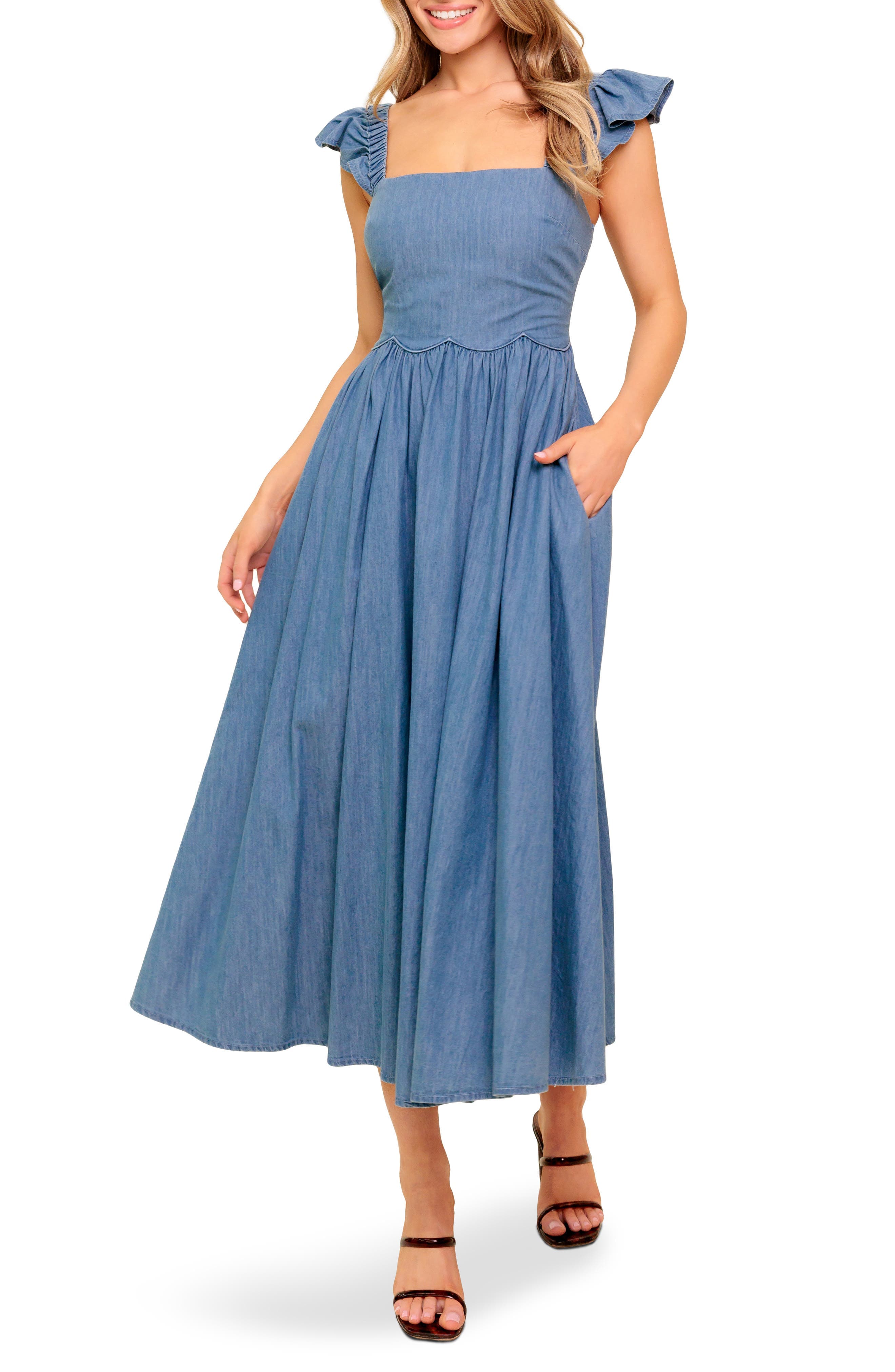 Cap Sleeve Chambray Midi Dress - image 1