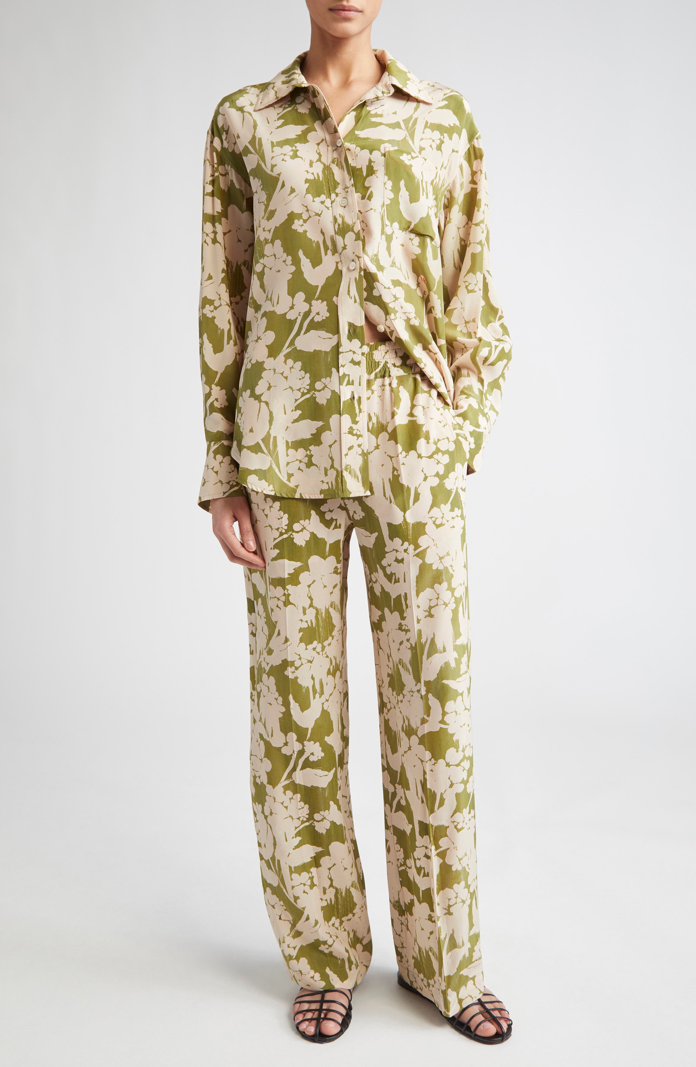 Pyjama Floral Print Straight Leg Silk Trousers - image 2