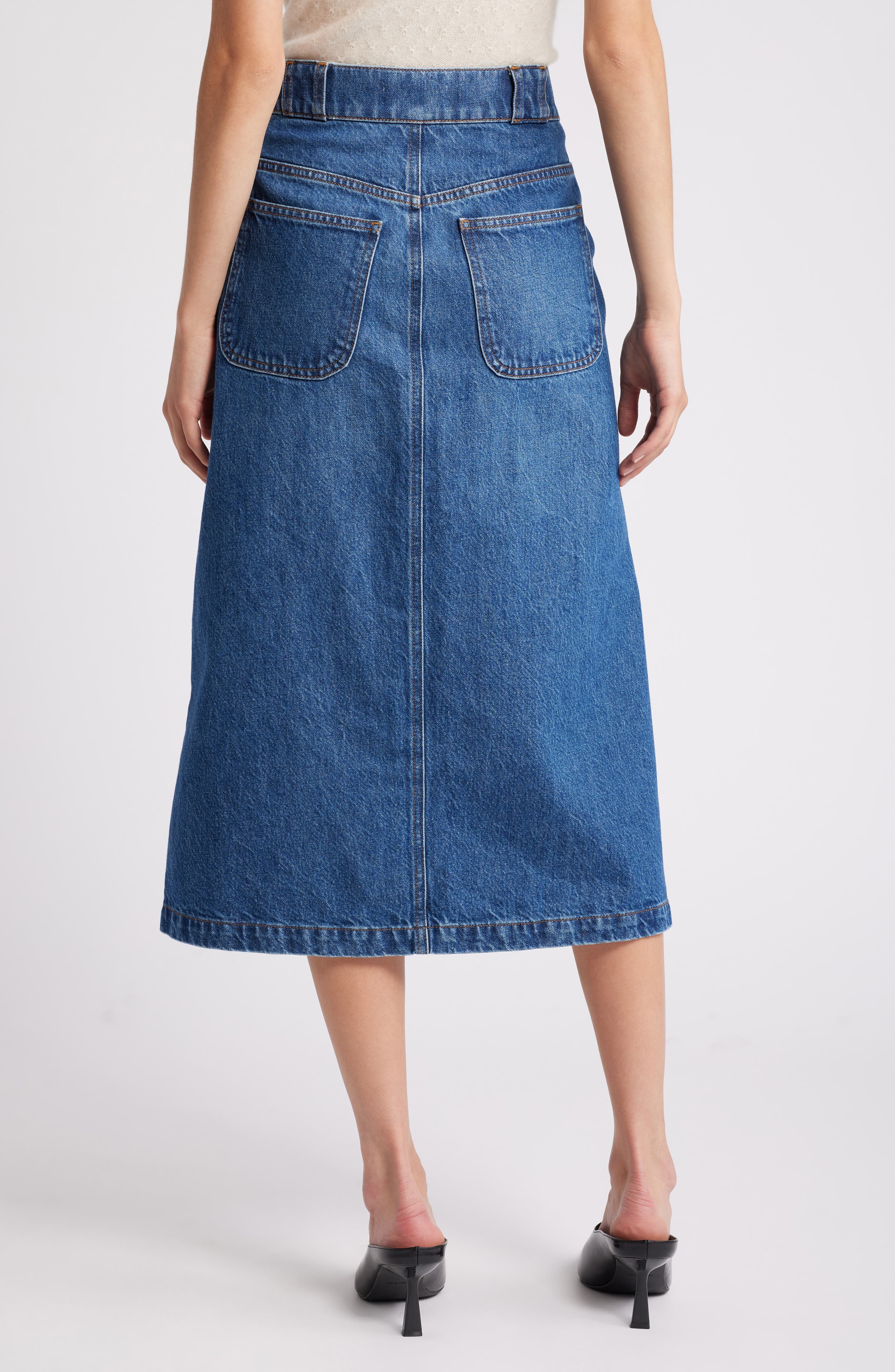 Modern Pocket Button Front Midi Denim Skirt - image 2