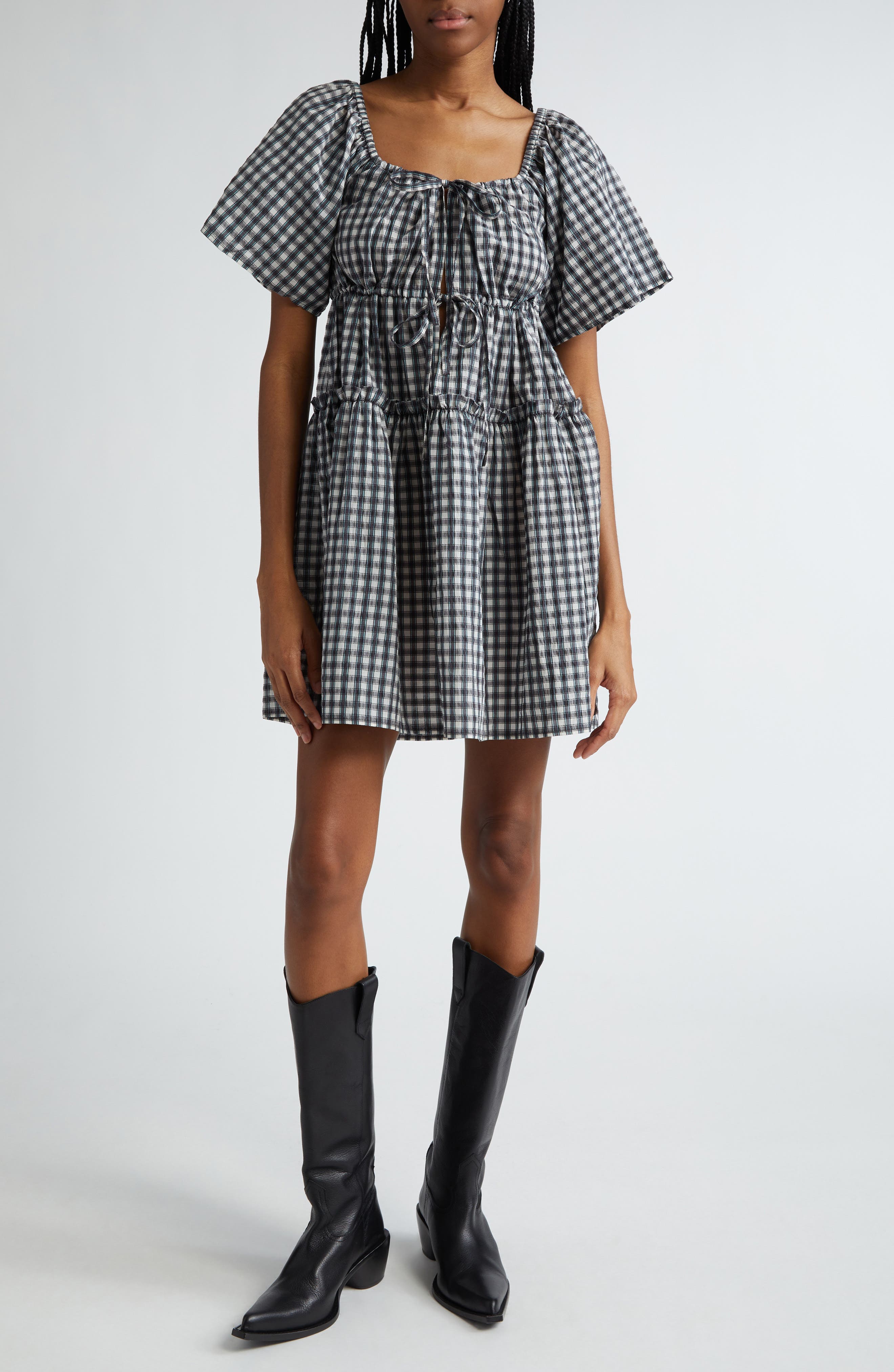 Check Seersucker Tiered Minidress - image 1