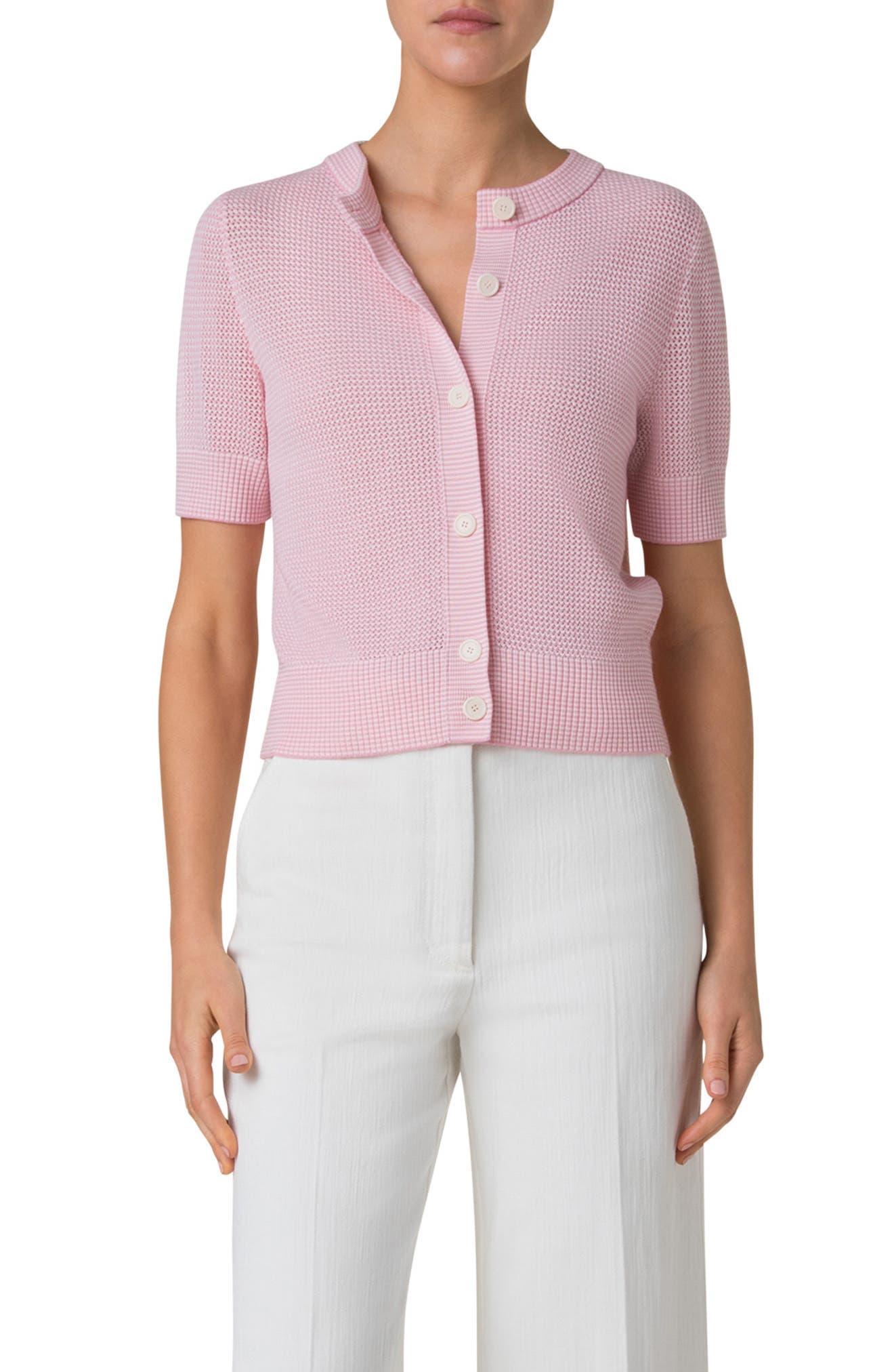 Stripe Short Sleeve Virgin Wool Cardigan - image 1