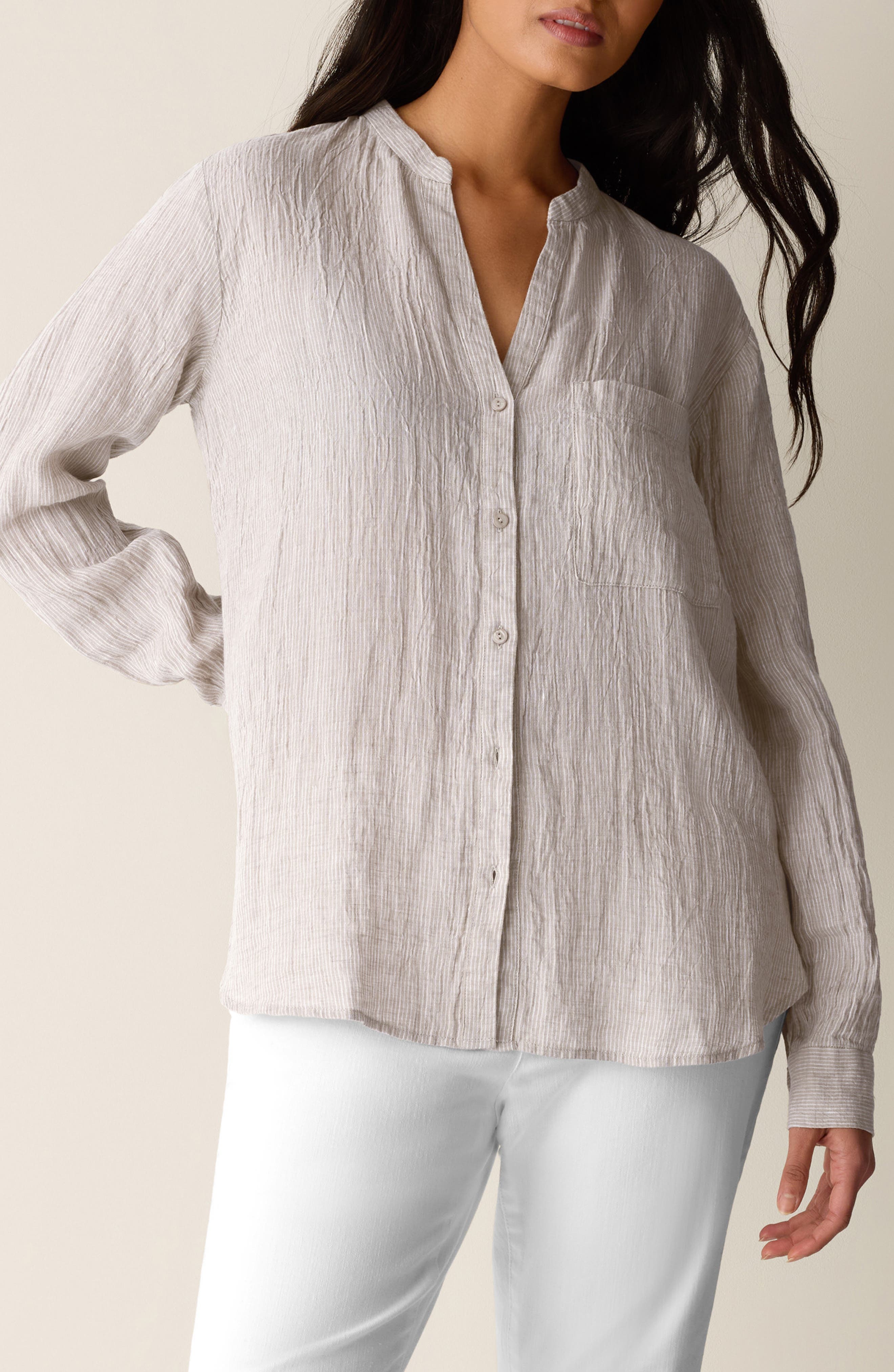 Mandarin Collar Long Sleeve Organic Linen Button-Up Shirt - image 1