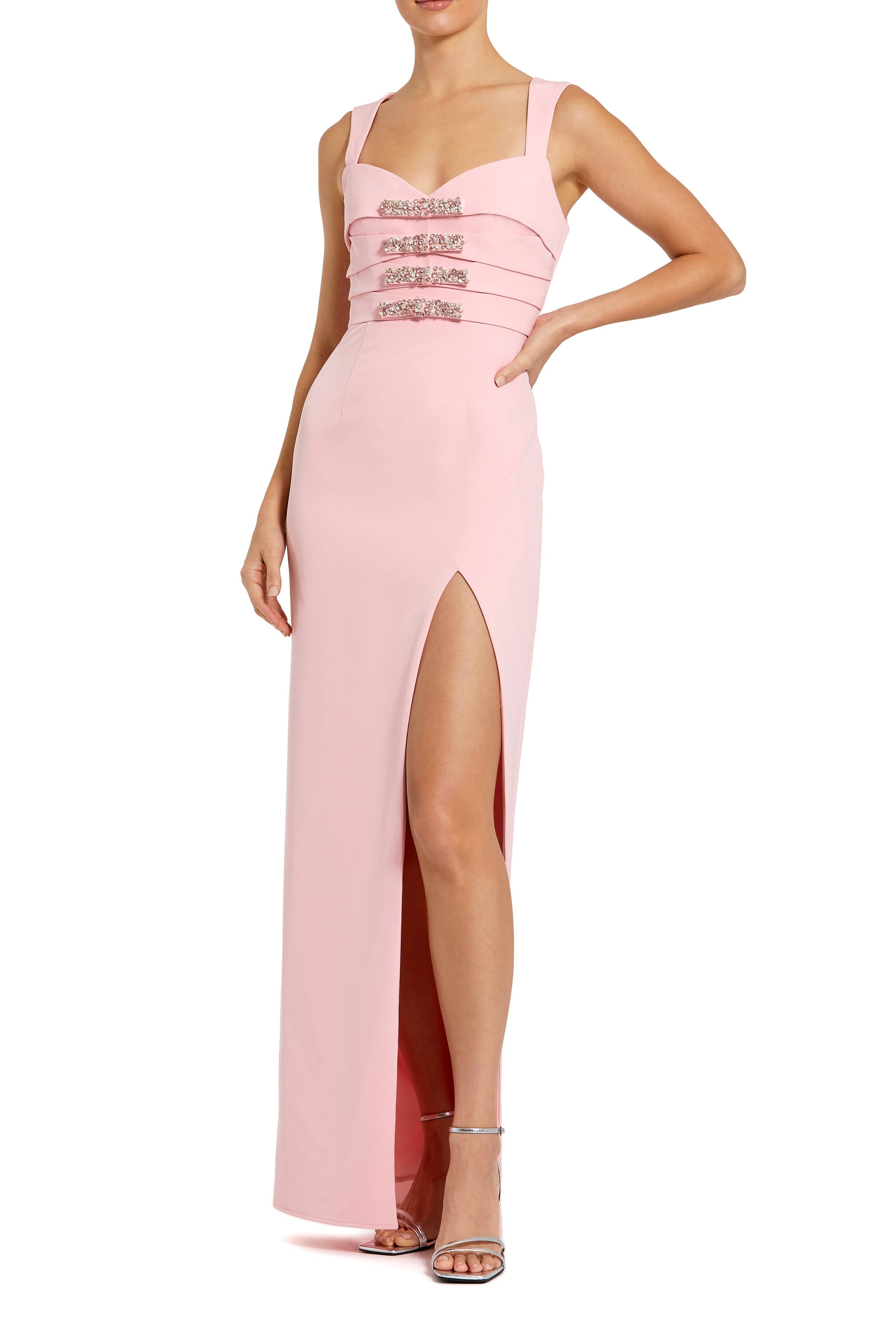 Sleeveless Crepe Gown With Embellished Bows - image 1