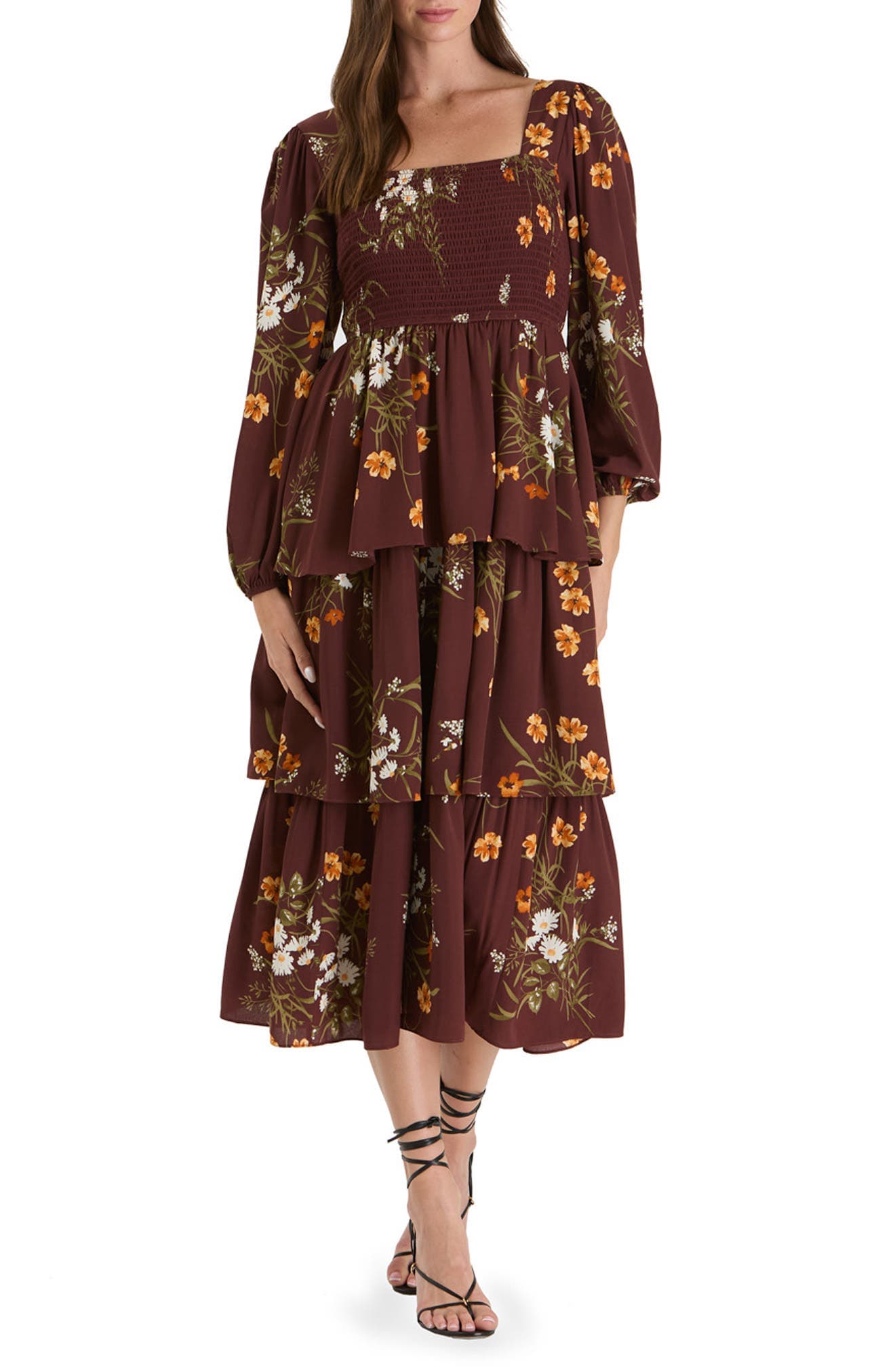 Floral Long Sleeve Tiered Midi Dress - image 1