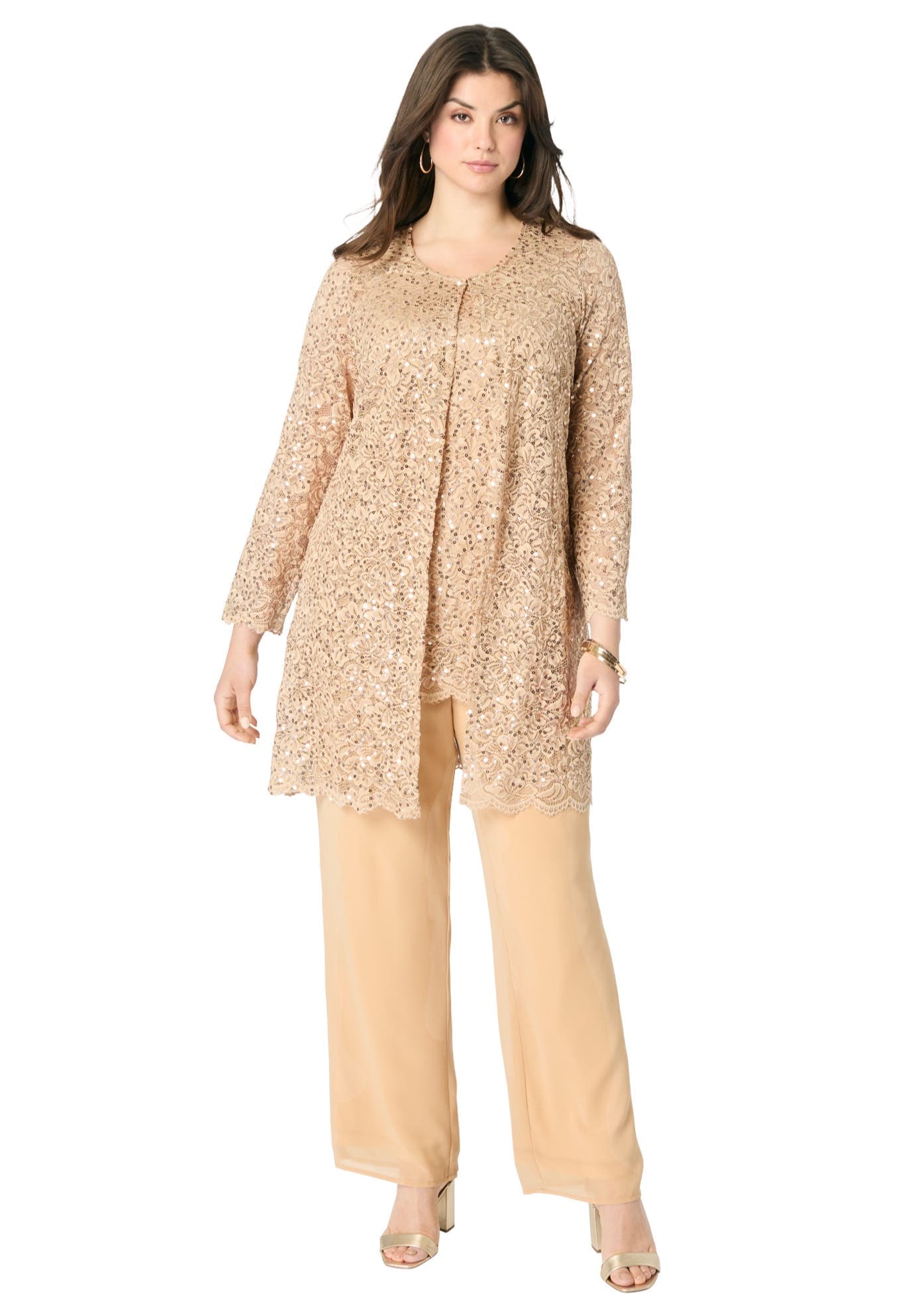 Plus-Size 3 Piece Allover Sequin Lace Jacket And Tank Pant Set - image 3
