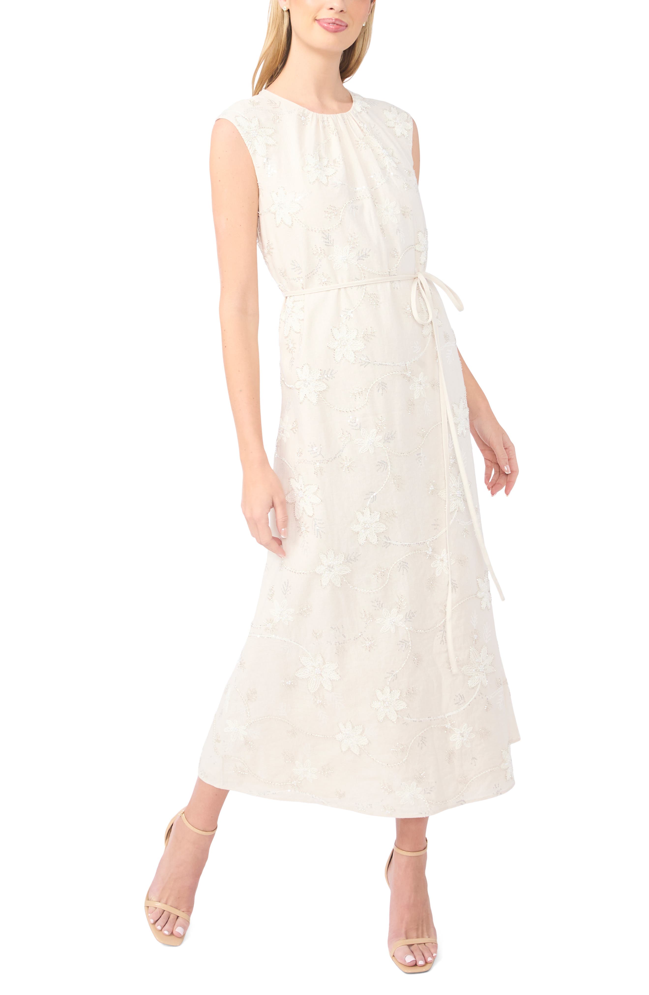 Parker Beaded Floral Embroidered Sleeveless Linen Blend Dress - image 1