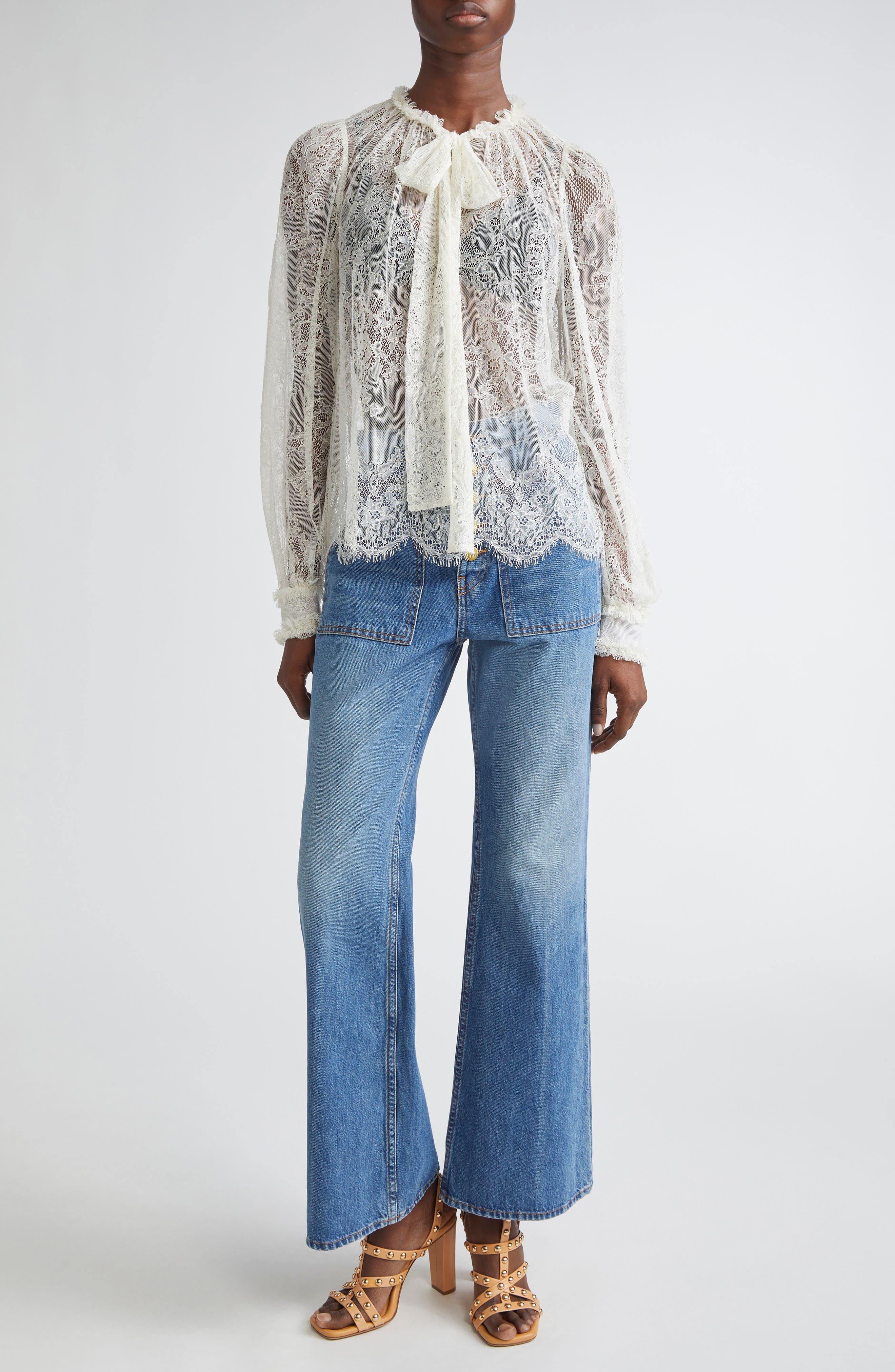 Iliana Pussybow Tie Sheer Cotton Lace Top - image 2