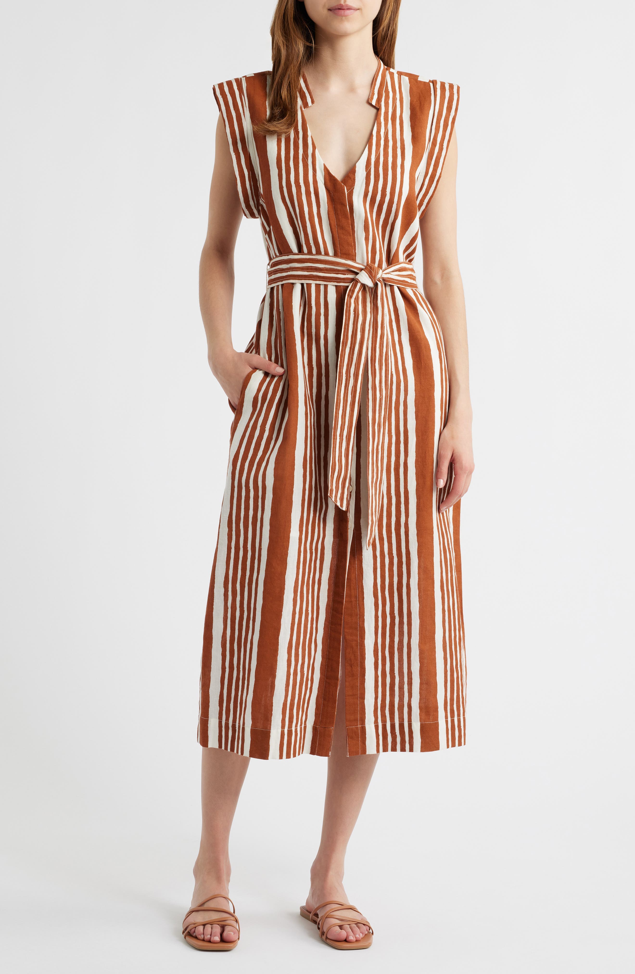 Lani Stripe Tie Waist Cotton & Linen Midi Dress - image 1