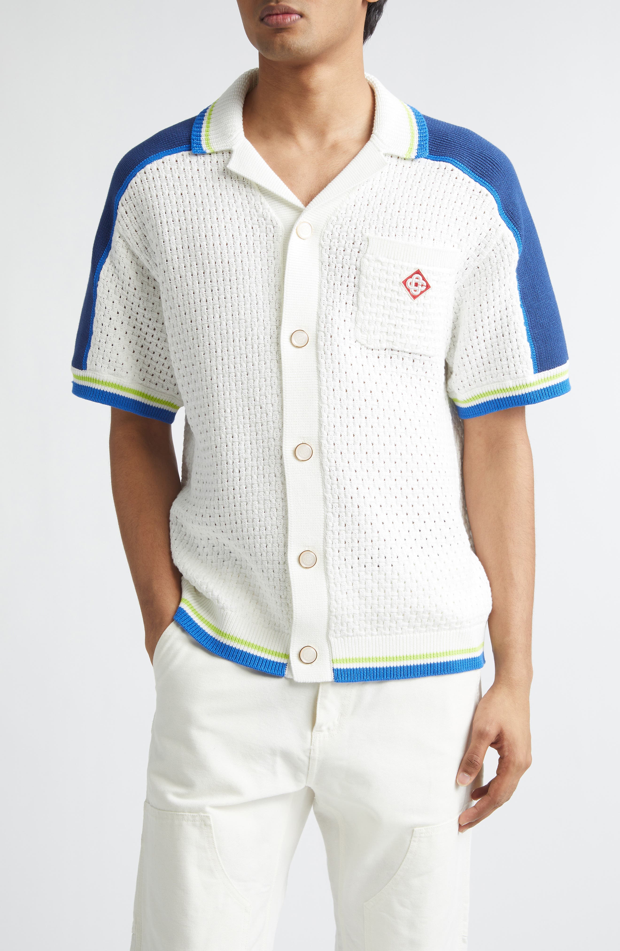 Mixed Stitch Sweater Camp Shirt - image 1