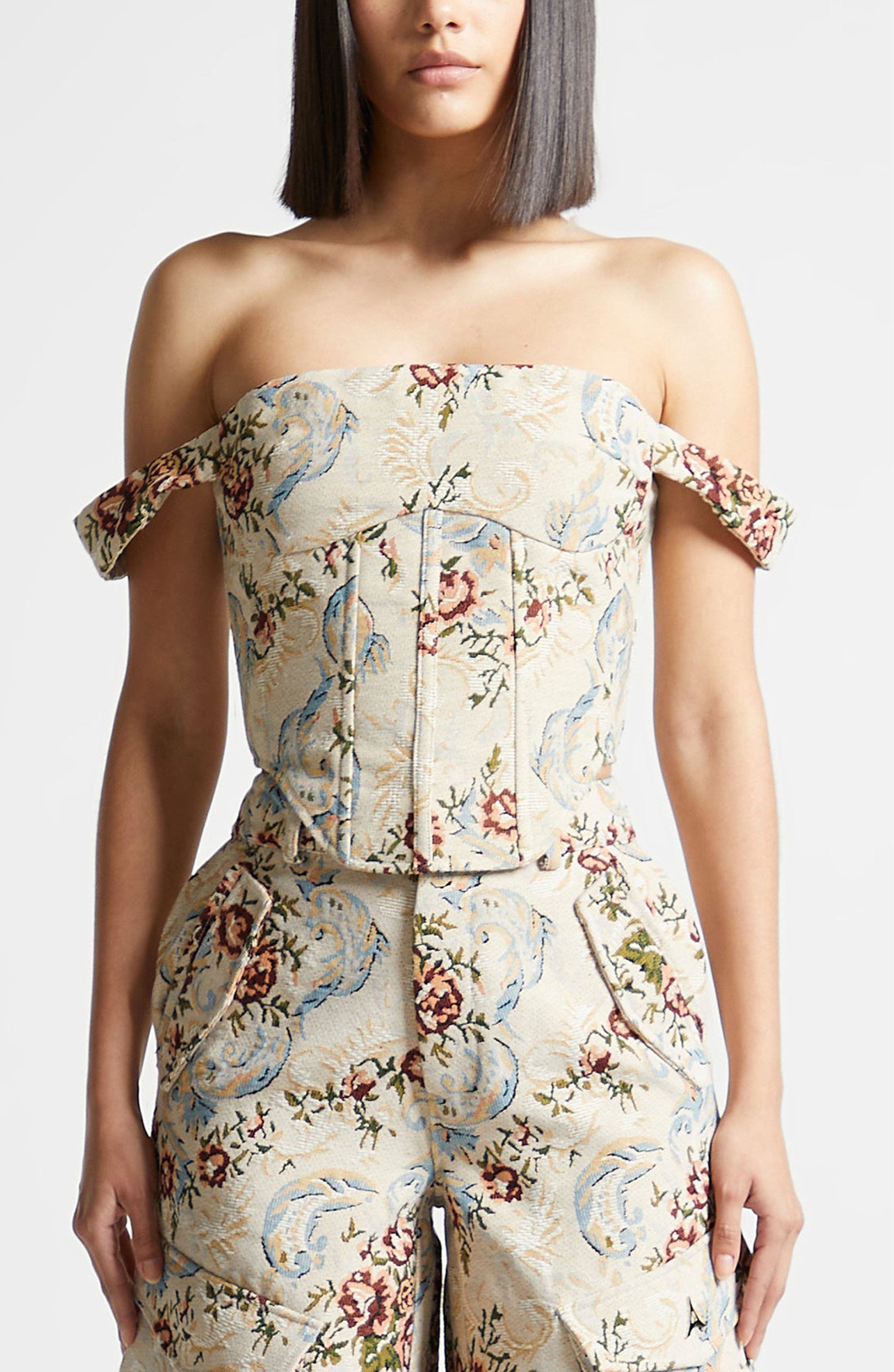 Bonnie Floral Jacquard Bardot Corset Top - image 1