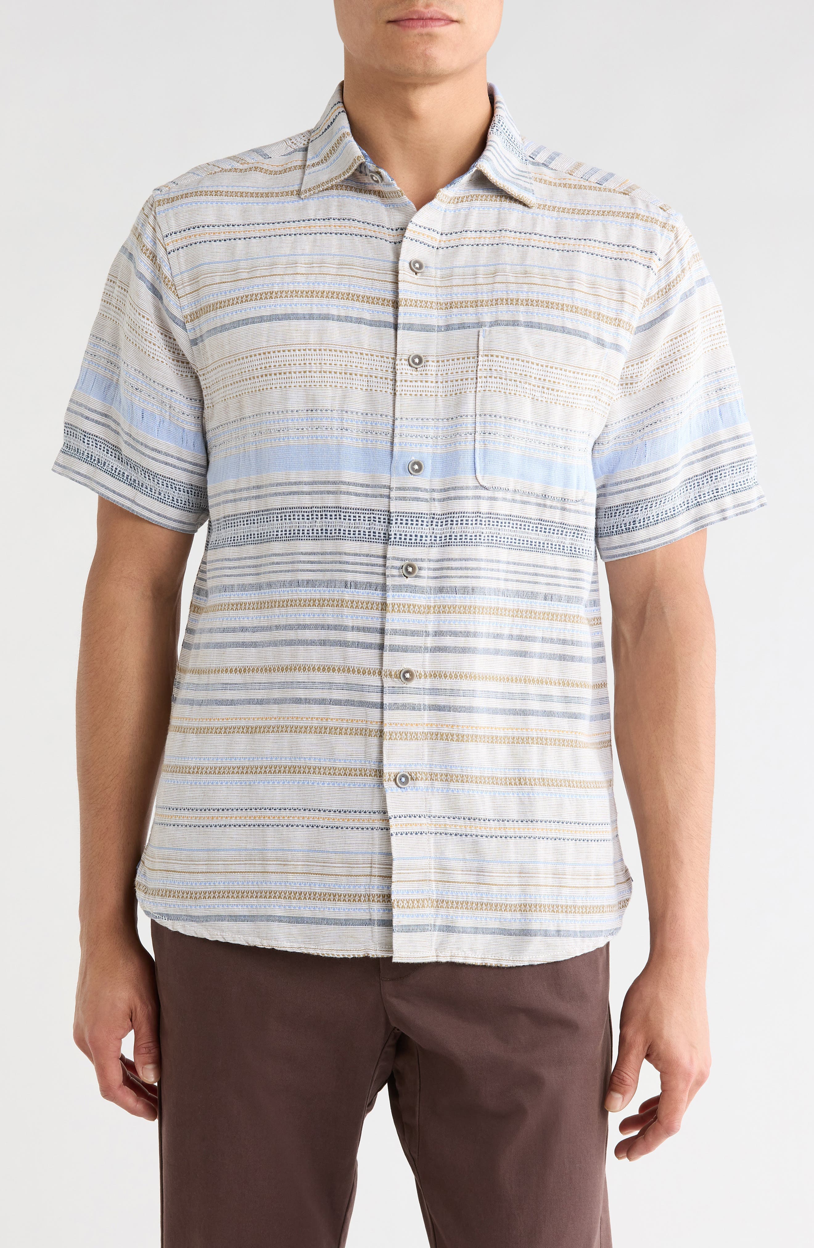 Santa Marta Stripe Short Sleeve Cotton & Linen Blend Button-Up Shirt - image 1