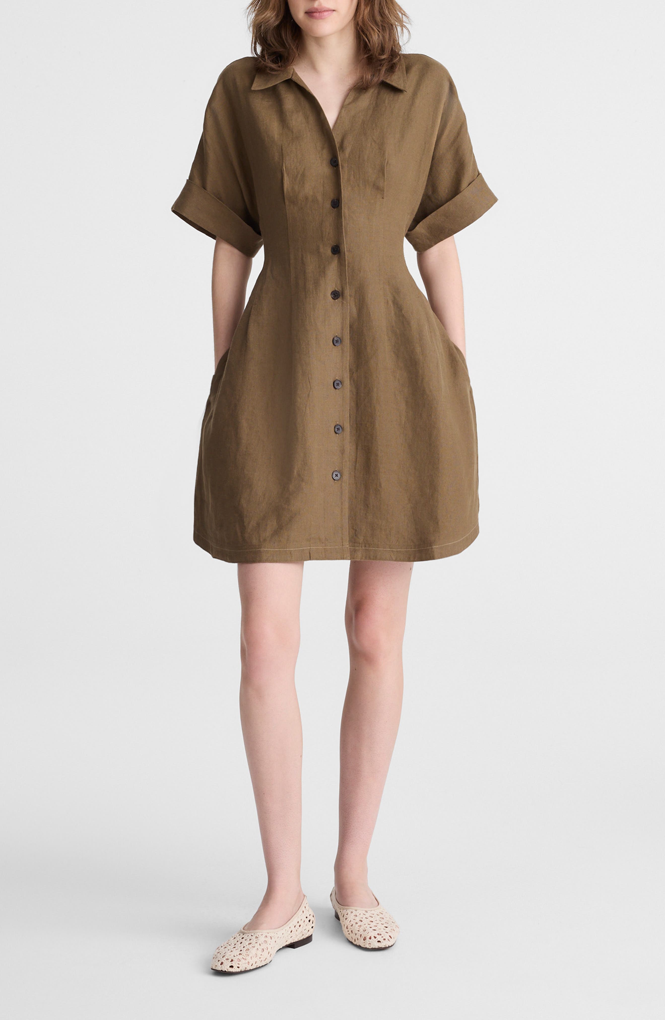 Pleated Linen Mini Shirtdress - image 1