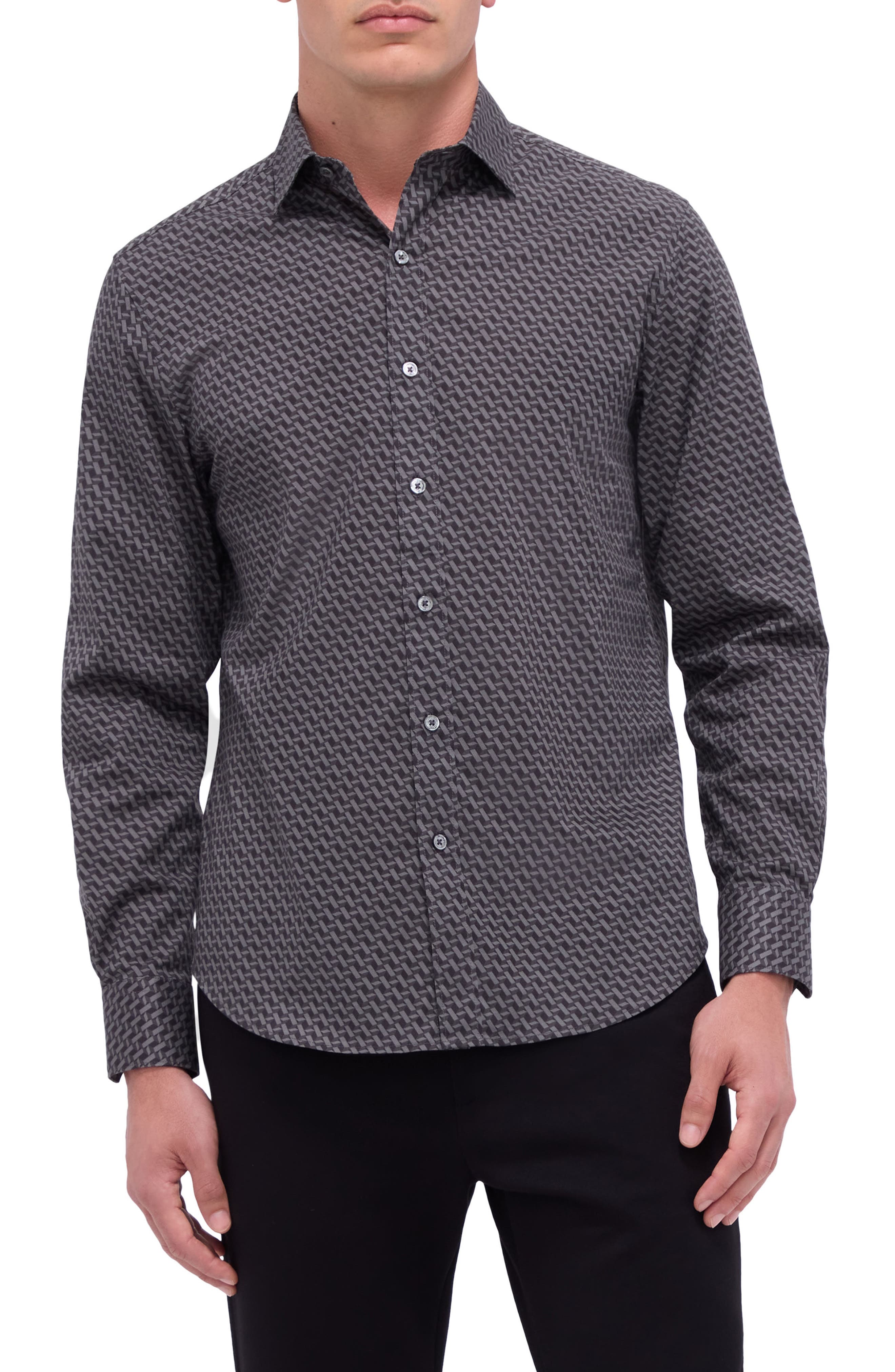 Axel Shaped Fit Basketweave Print Stretch Button-Up Shirt - image 1