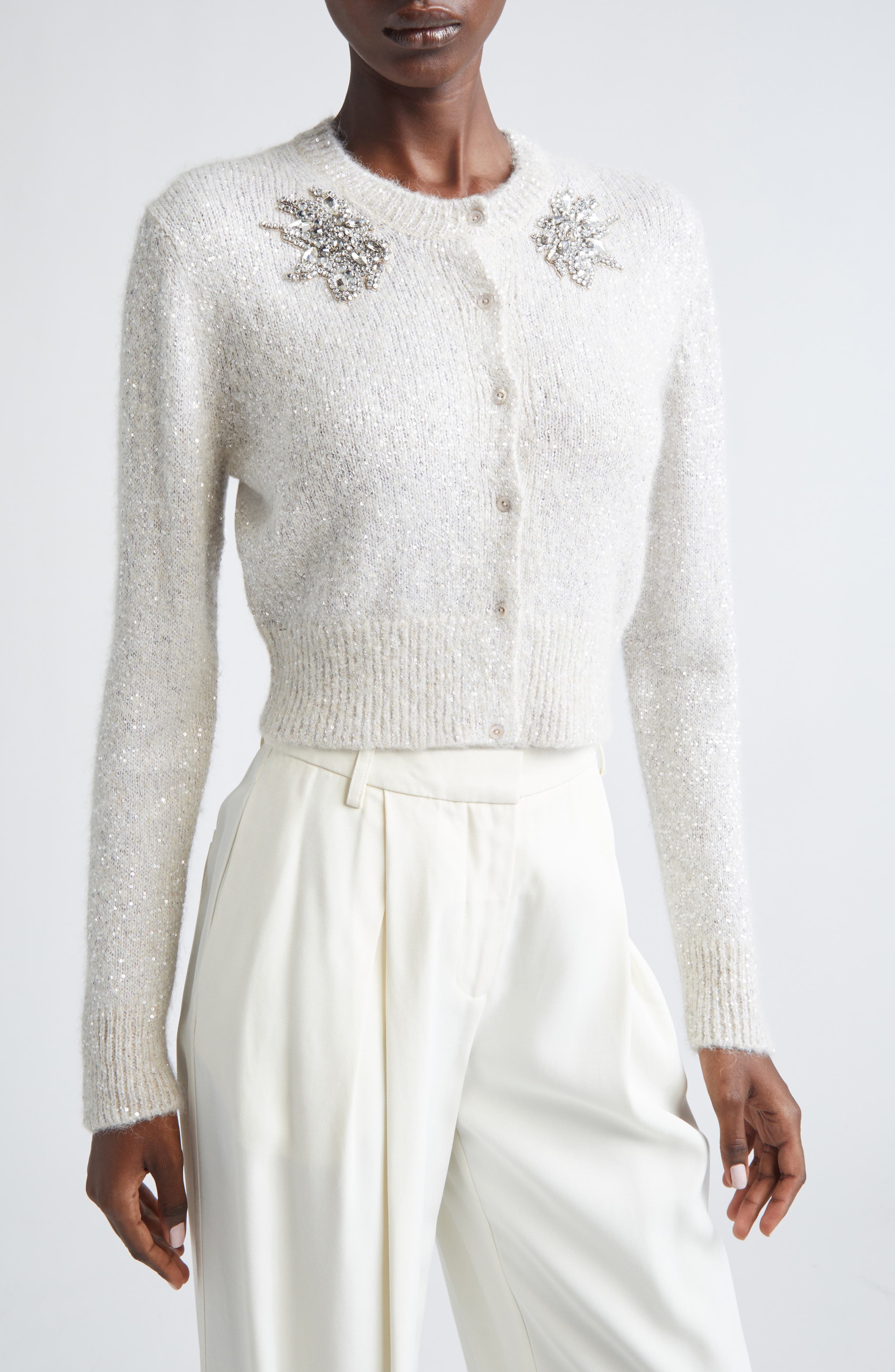 Crystal & Sequin Embellished Alpaca Blend Crop Cardigan - image 1