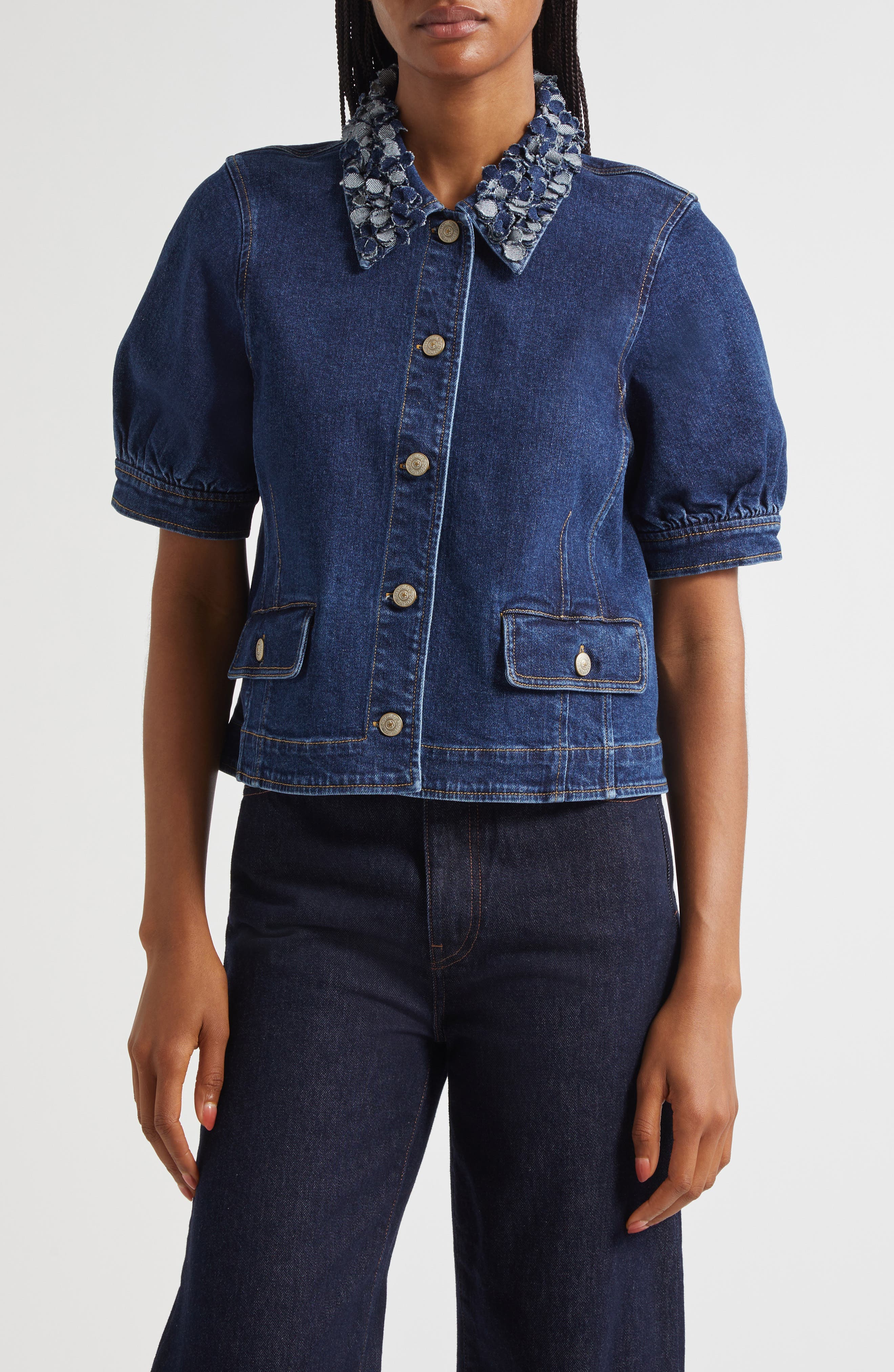 Ethel Petal Collar Short Sleeve Denim Jacket - image 1