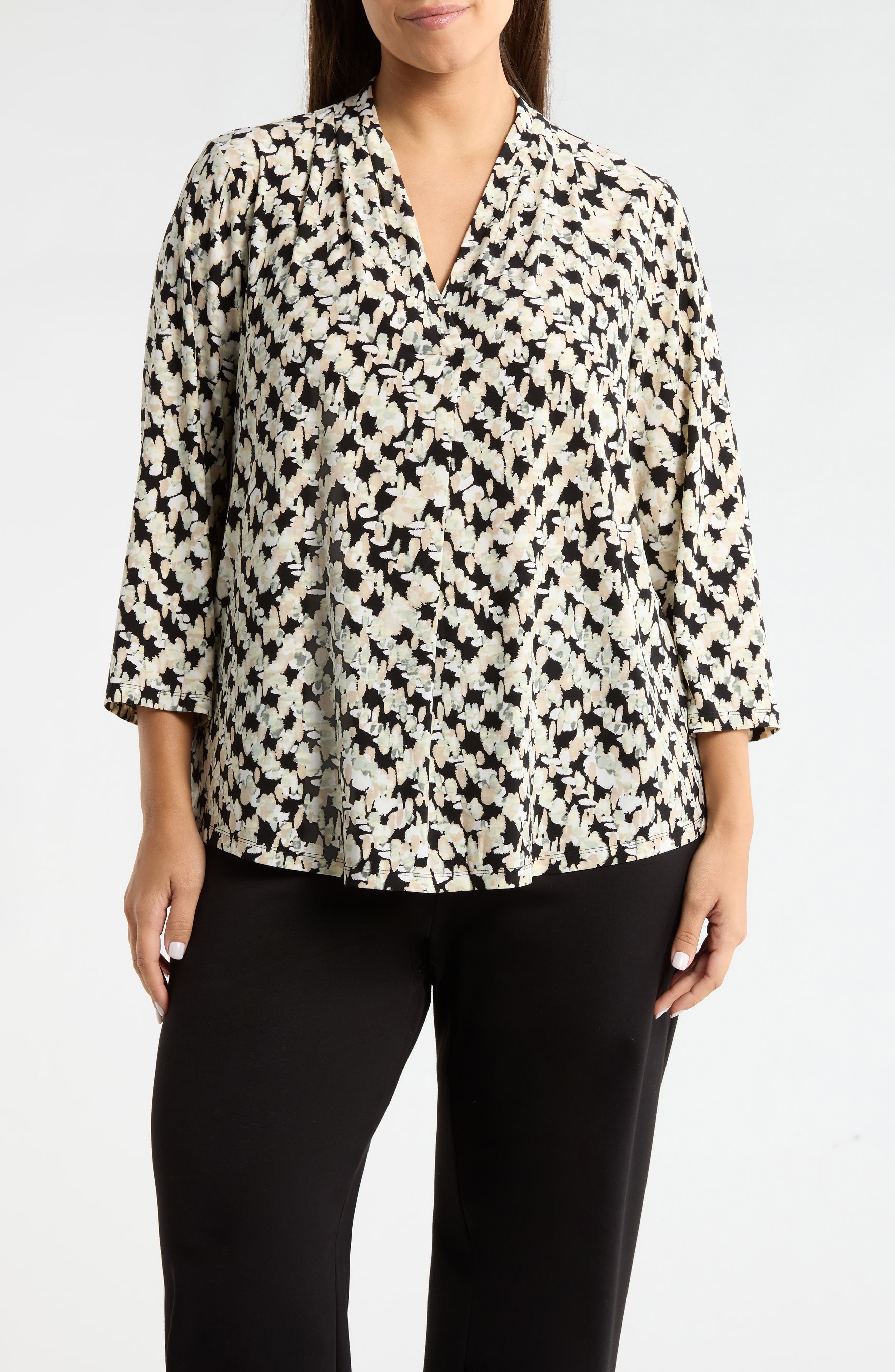 Print Pleat Three-Quarter Sleeve Top - image 1