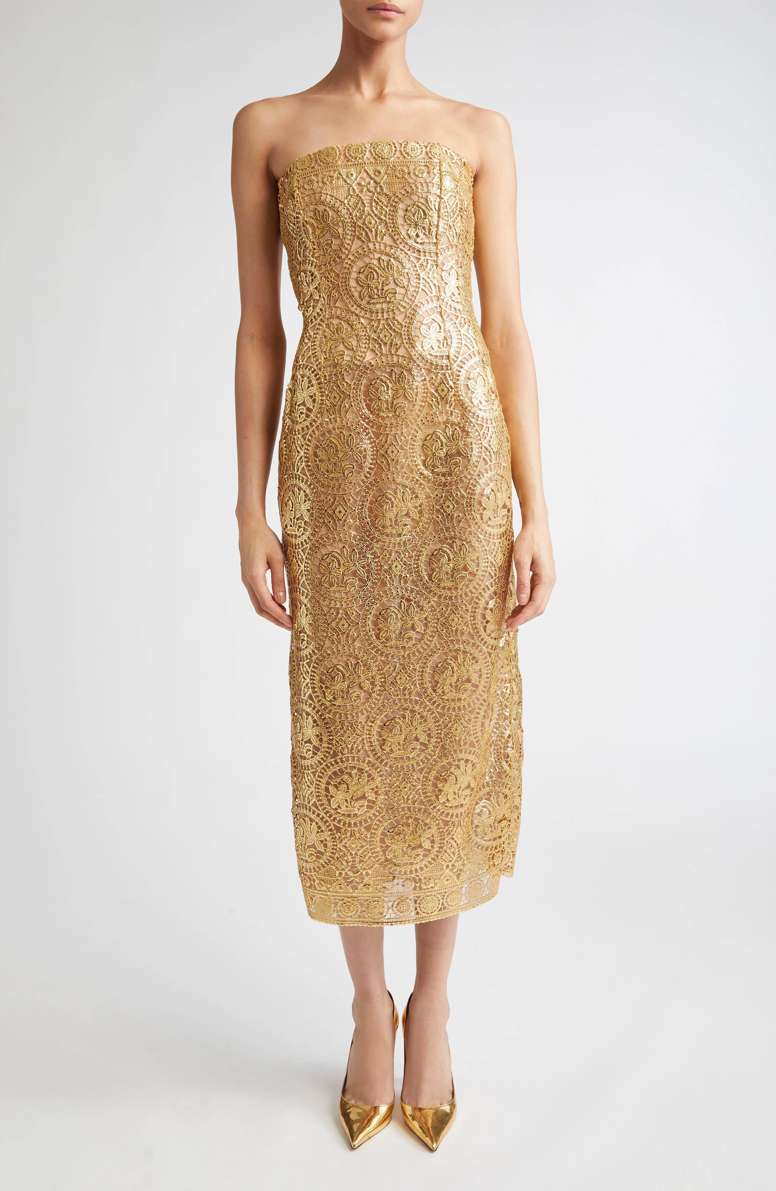 Leila Metallic Guipure Lace Strapless Cocktail Dress - image 1