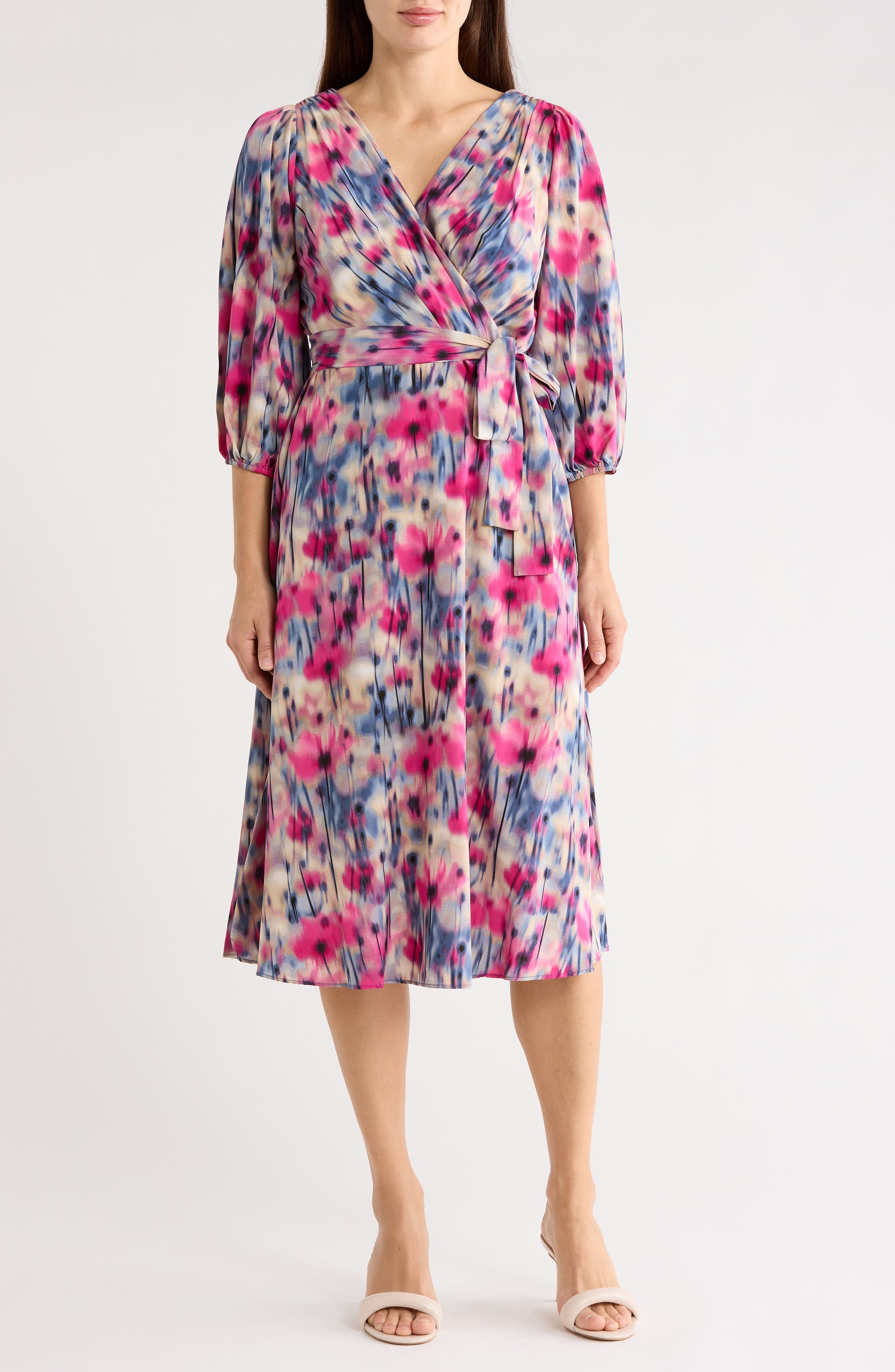 Balloon Sleeve Faux Wrap Midi Dress - image 3