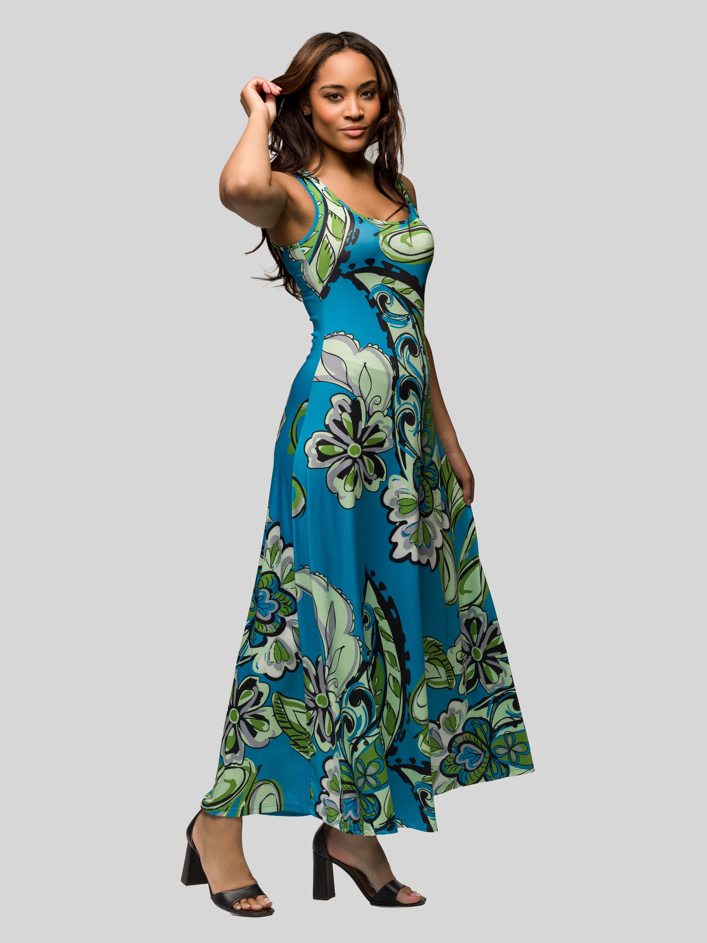 Blue Paisley Print Scoop Neck A-Line Sleeveless Maxi Dress - image 2