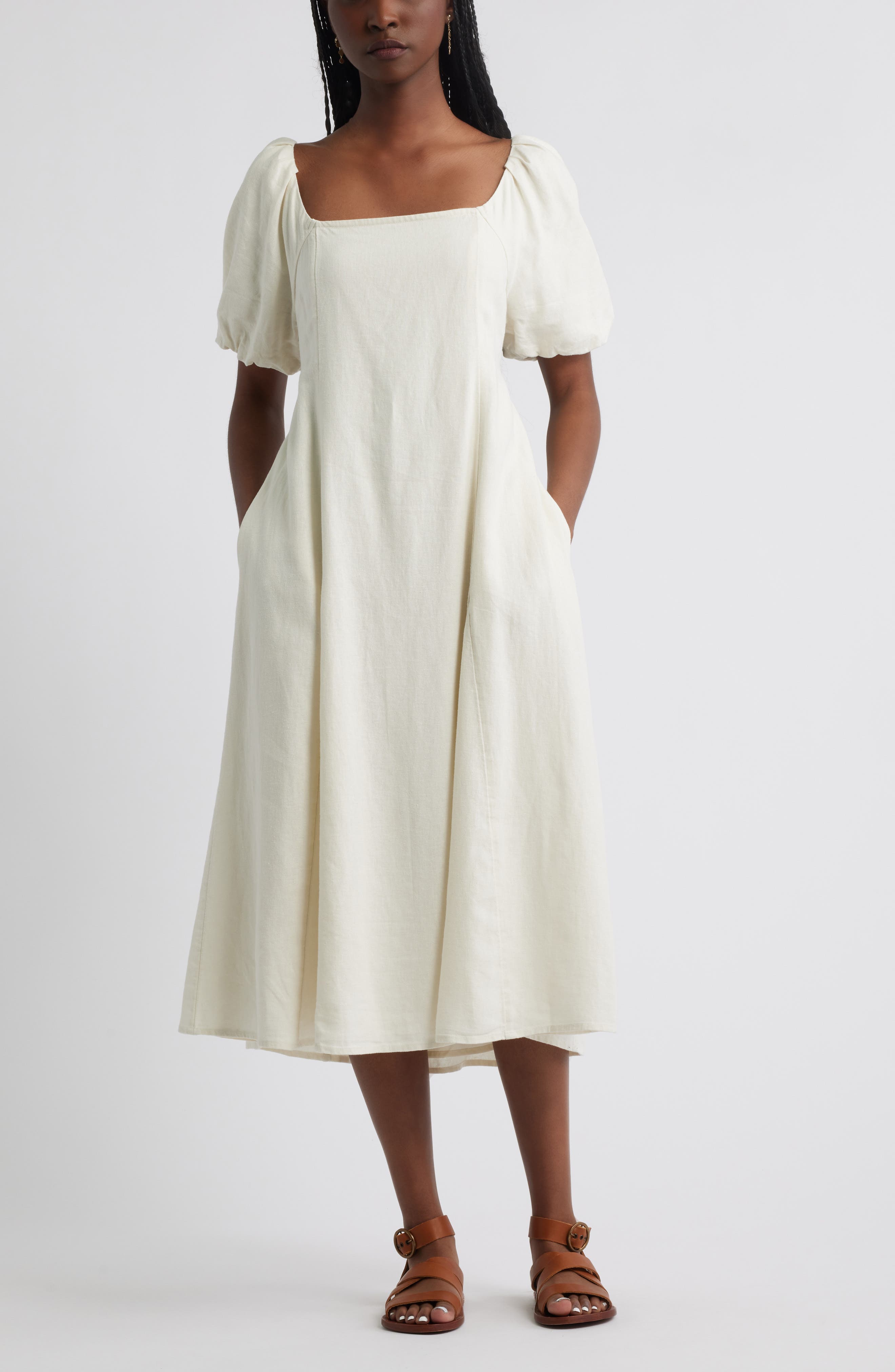 Puff Sleeve Linen Blend Midi Dress - image 1