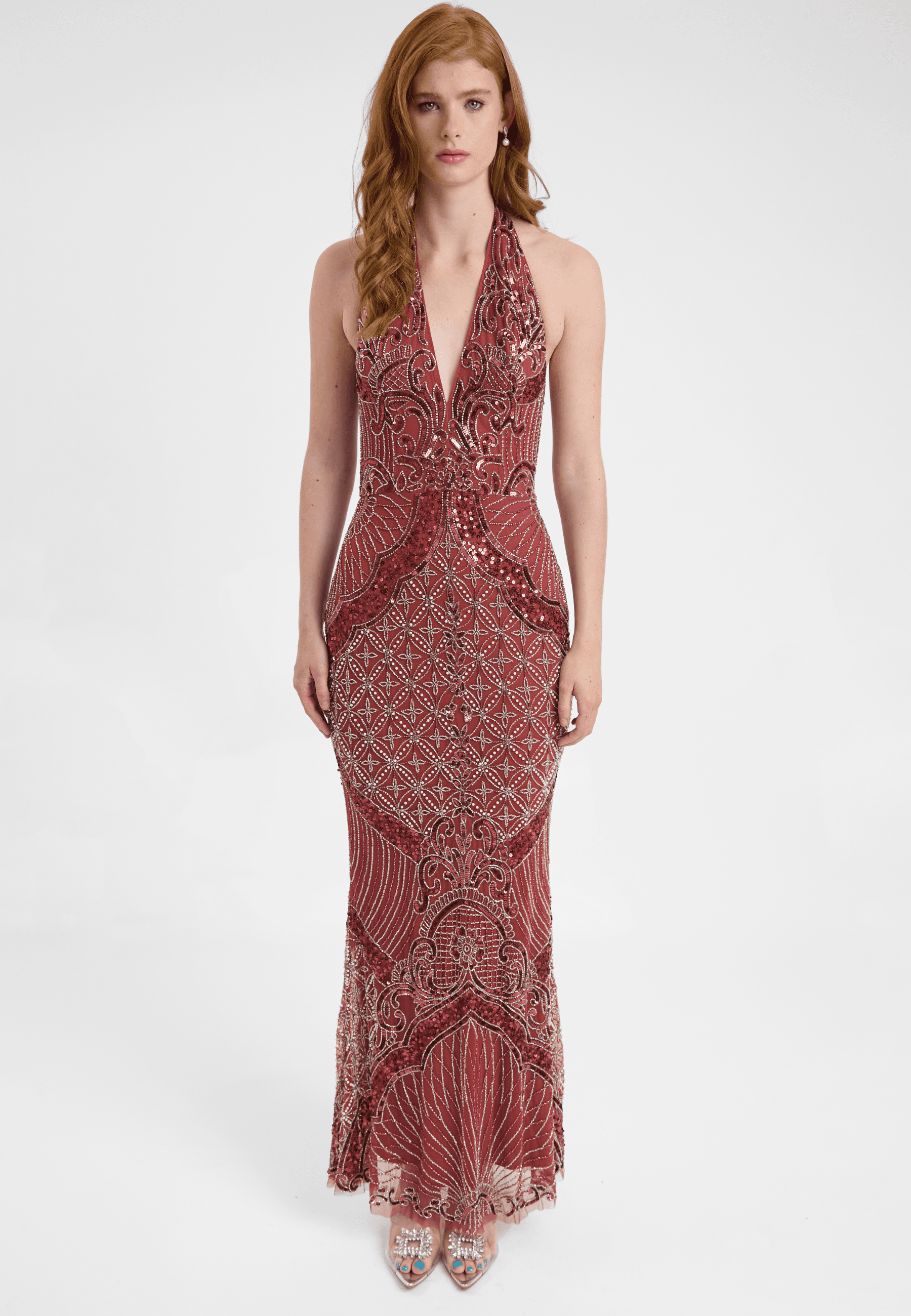 Embellished Sequin Beaded Maxi Dress With Halter Neckline And Deep V-Cut Front - image 1